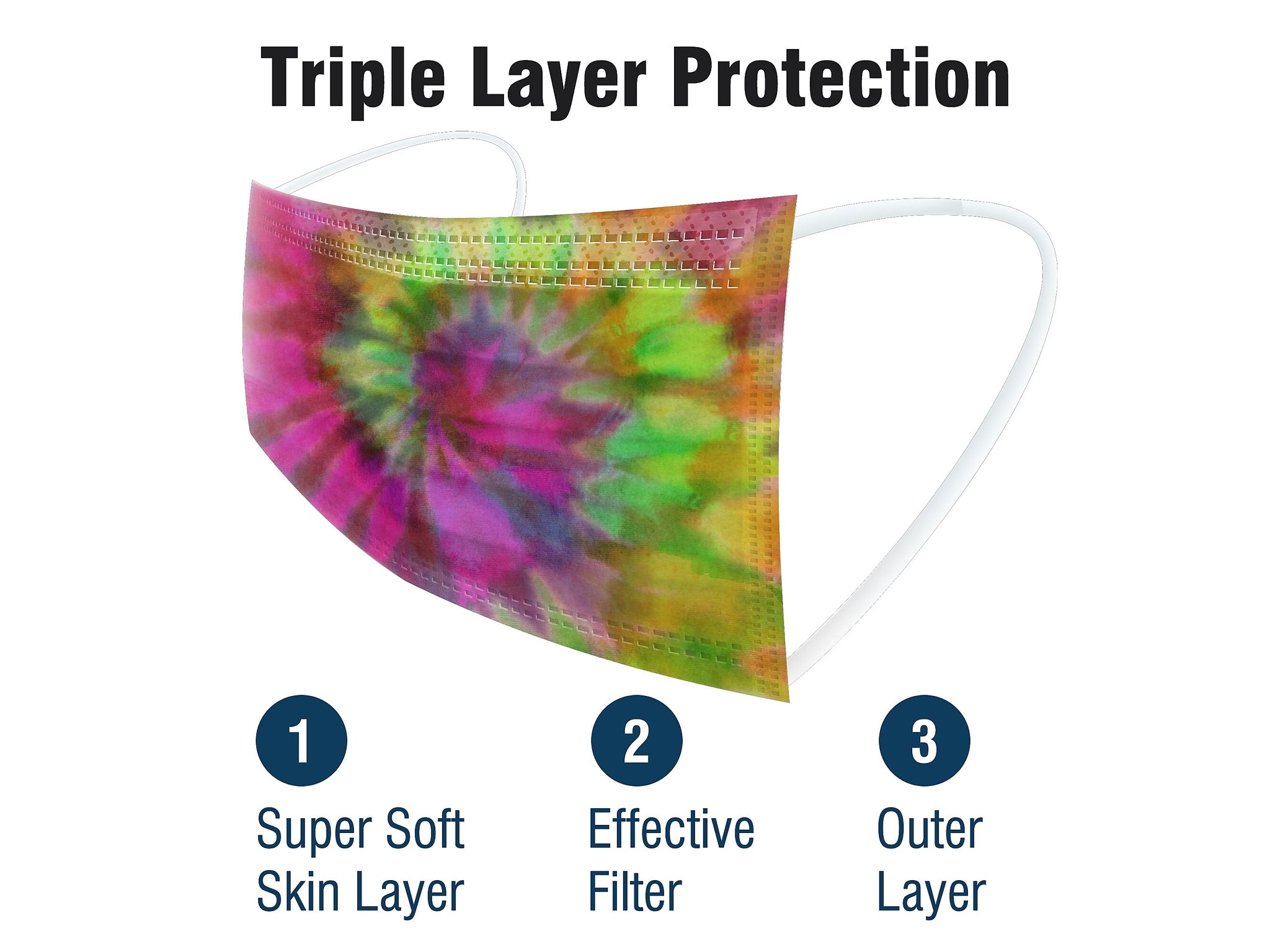 WeCare 3-ply Disposable Face Mask, Adult, Assorted Wacky Tie-Die Designs, 50/Box
