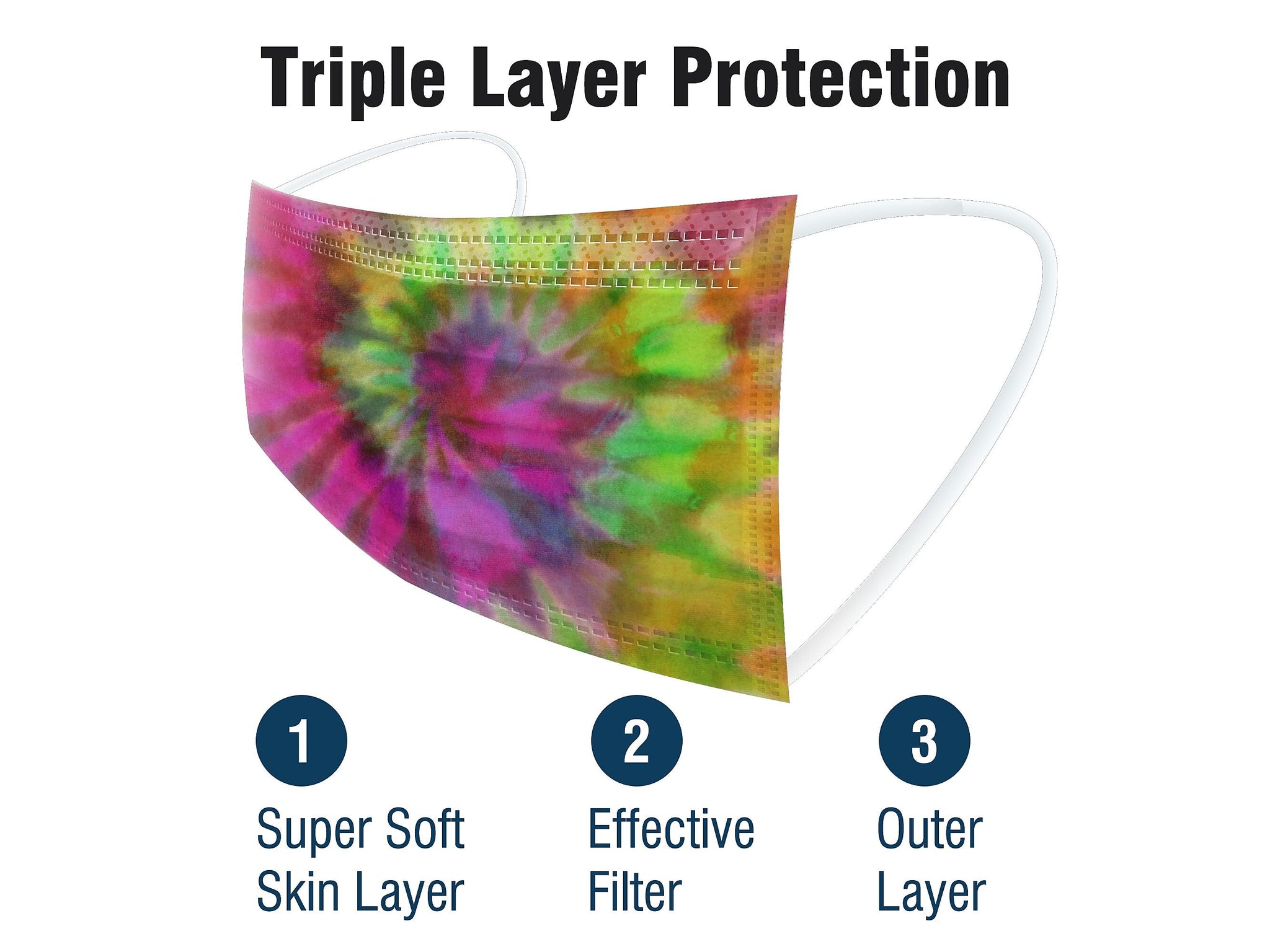 WeCare 3-ply Disposable Face Mask, Adult, Assorted Wacky Tie-Die Designs, 50/Box