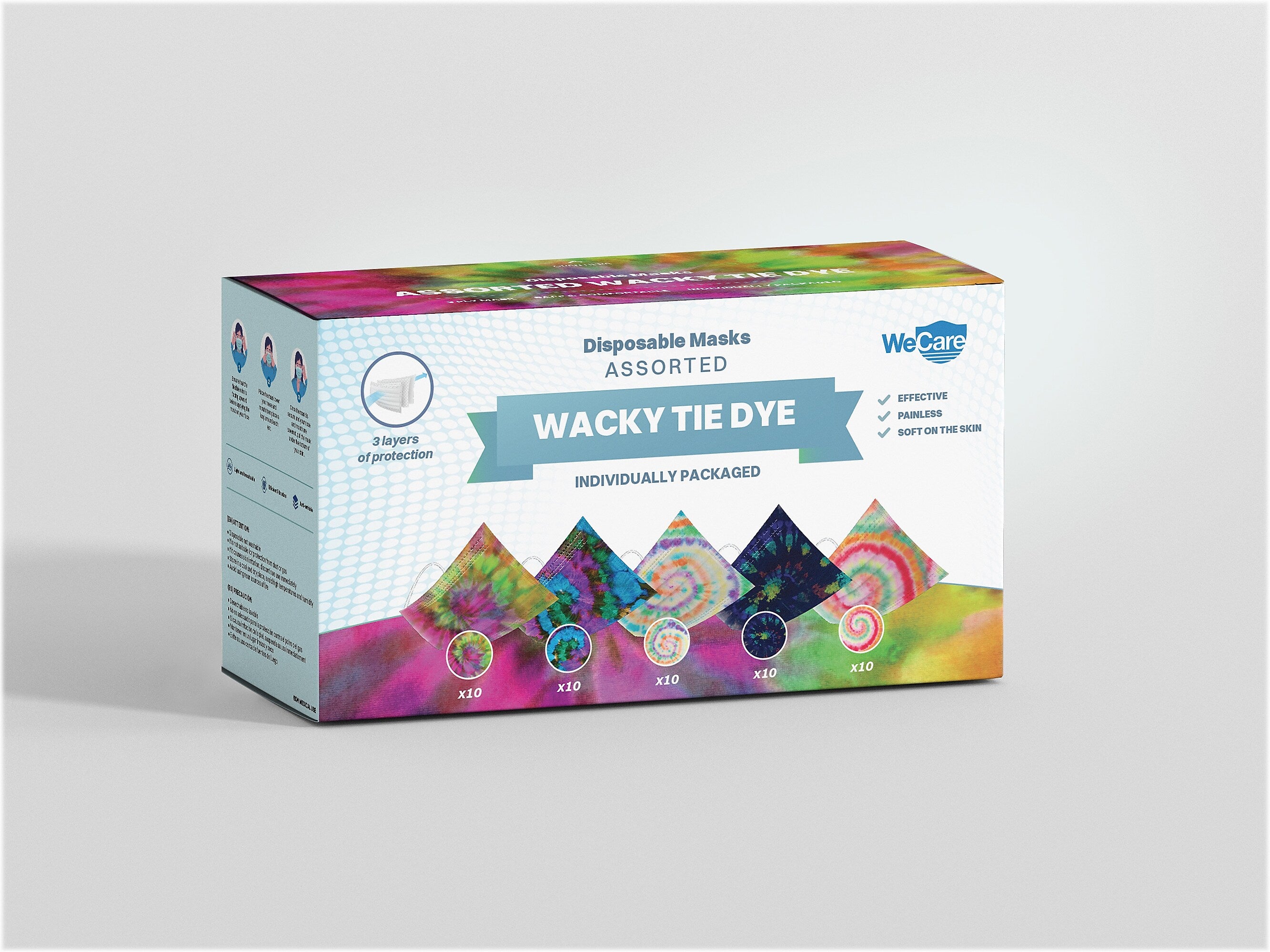 WeCare 3-ply Disposable Face Mask, Adult, Assorted Wacky Tie-Die Designs, 50/Box
