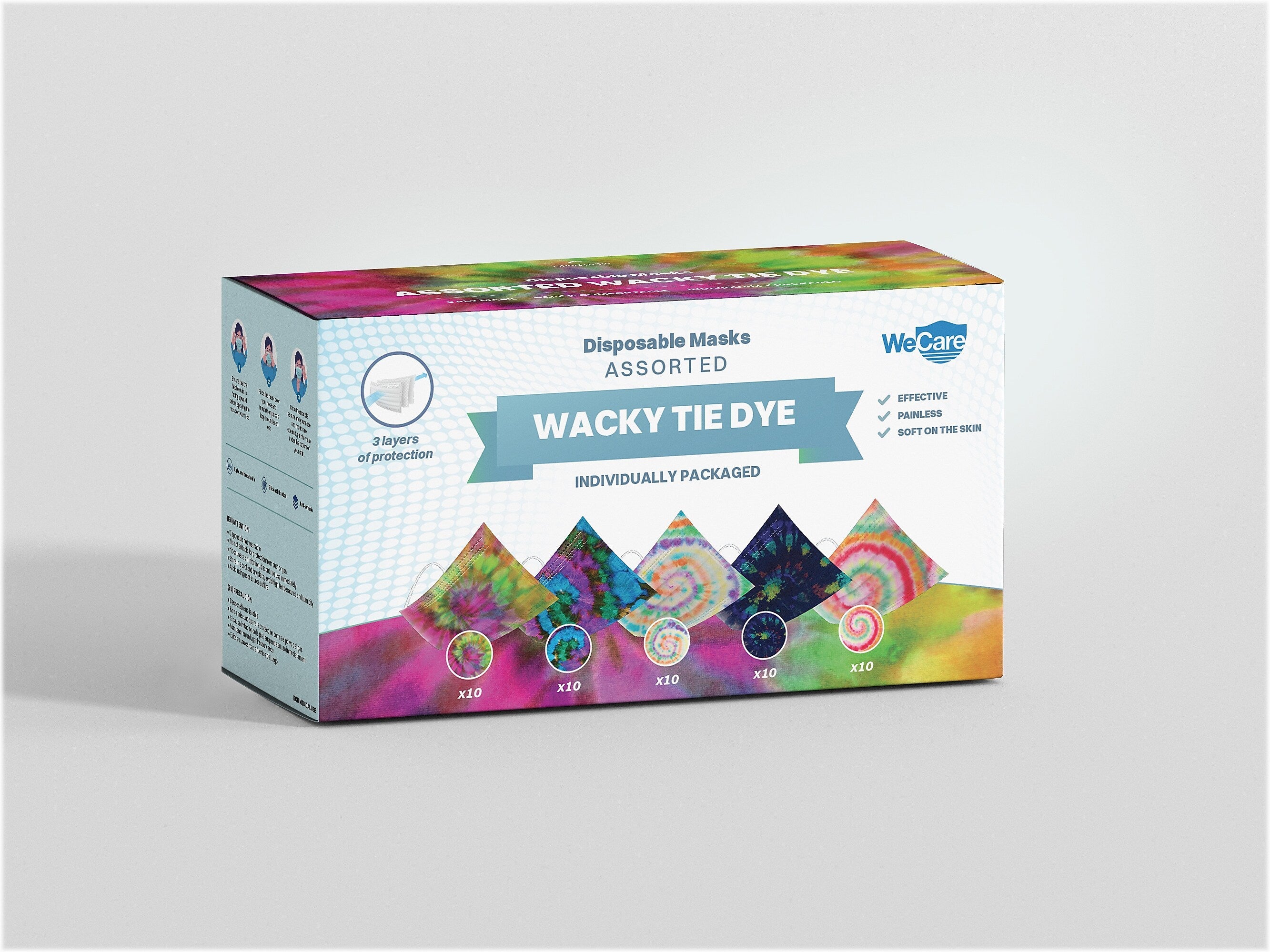WeCare 3-ply Disposable Face Mask, Adult, Assorted Wacky Tie-Die Designs, 50/Box