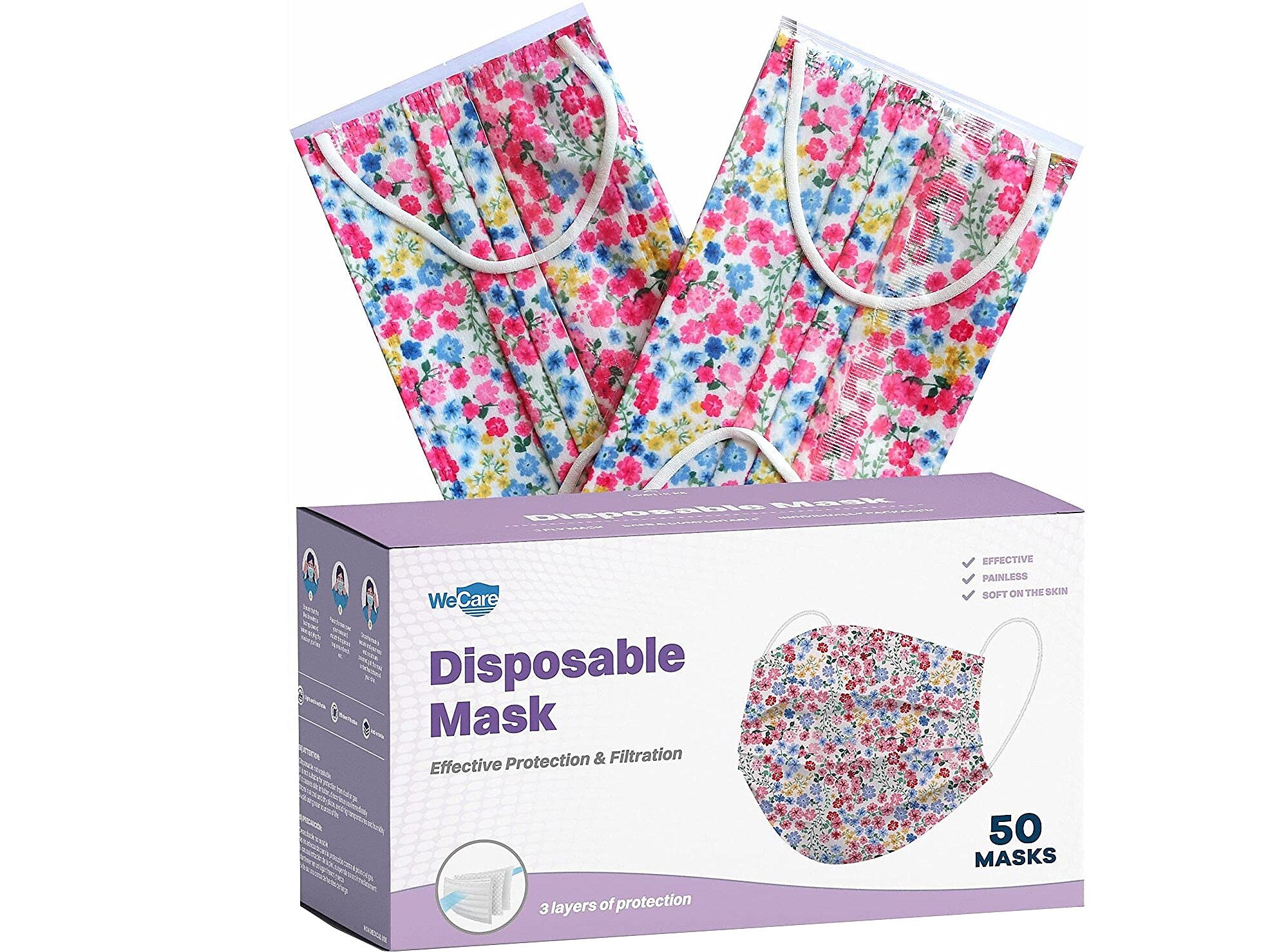 WeCare 3-ply Disposable Face Mask, Adult, Flowers, 50/Pack