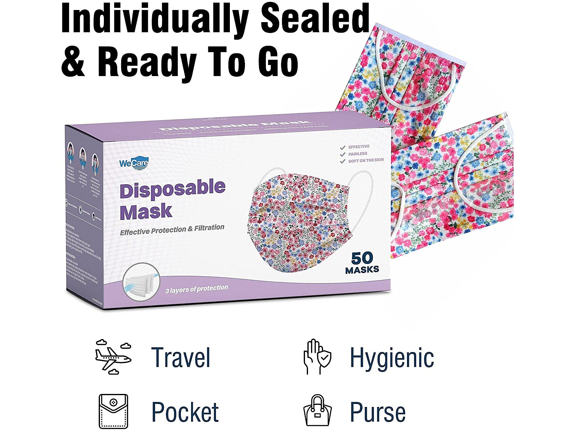 WeCare 3-ply Disposable Face Mask, Adult, Flowers, 50/Pack