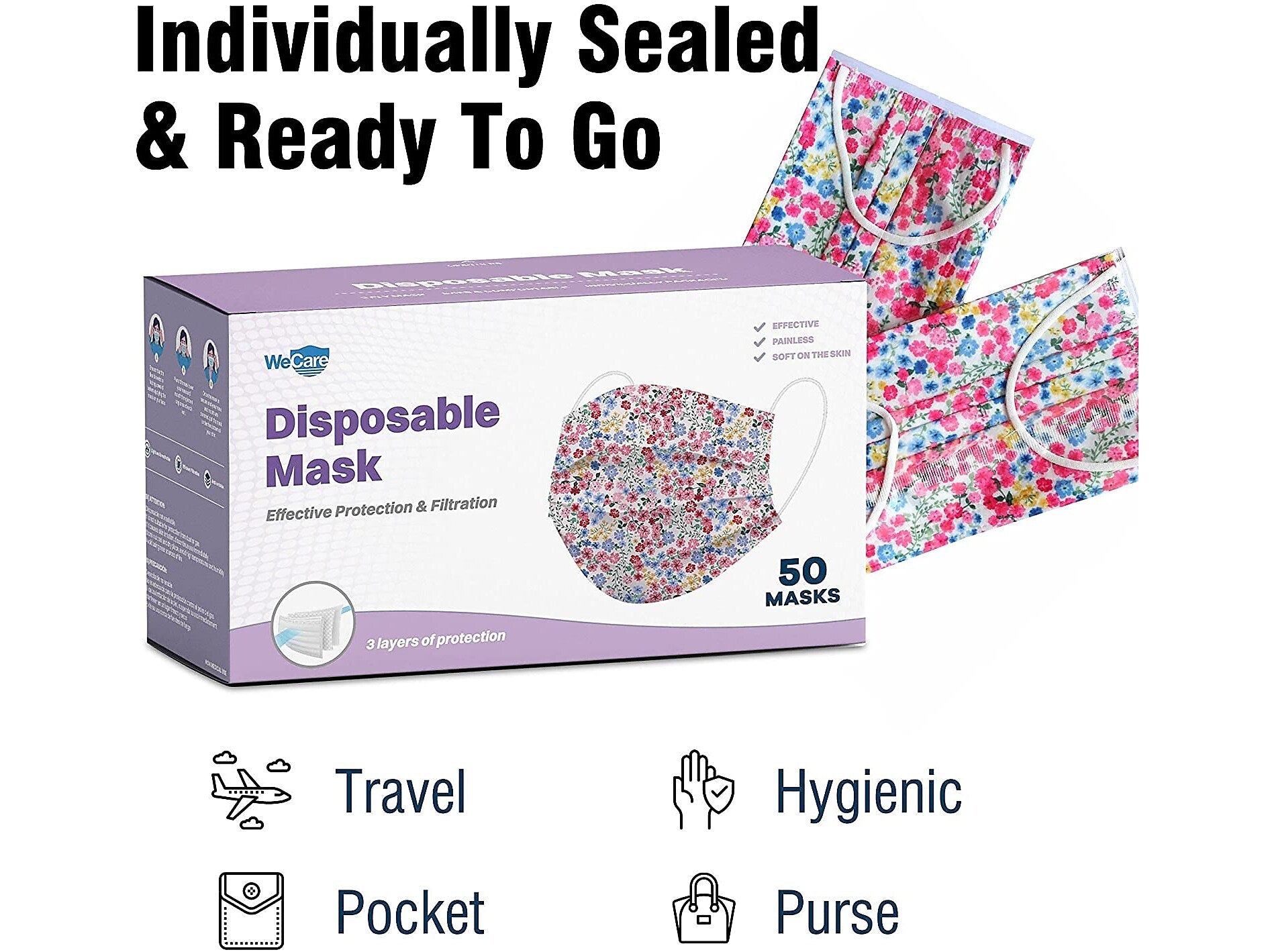WeCare 3-ply Disposable Face Mask, Adult, Flowers, 50/Pack