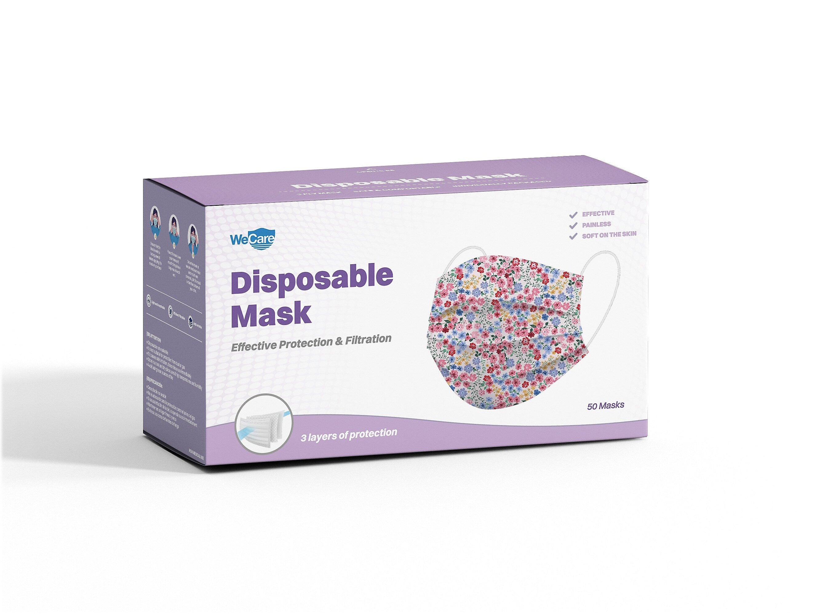 WeCare 3-ply Disposable Face Mask, Adult, Flowers, 50/Pack