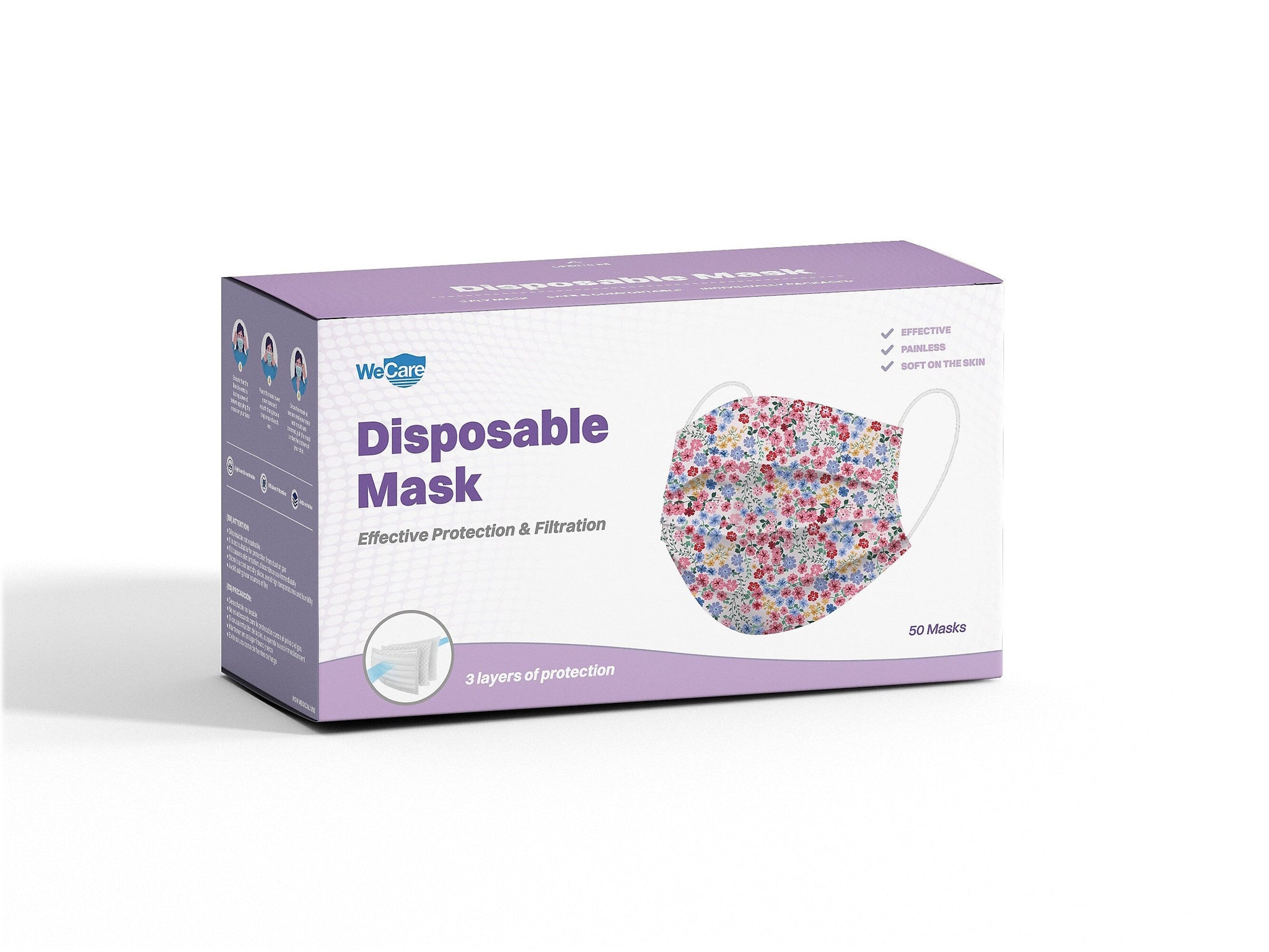 WeCare 3-ply Disposable Face Mask, Adult, Flowers, 50/Pack
