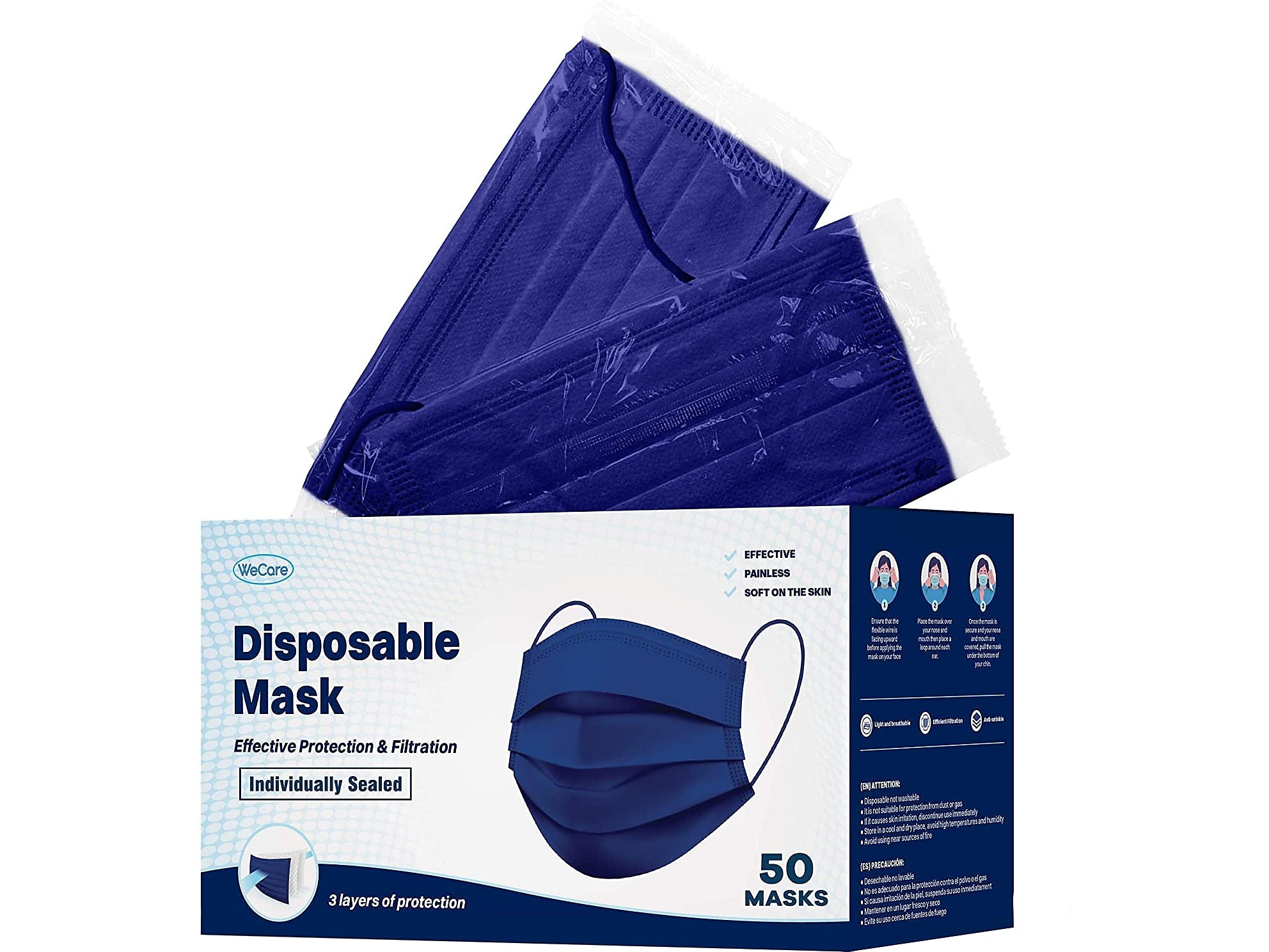 WeCare 3-ply Disposable Face Mask, Adult, Navy, 50/Box