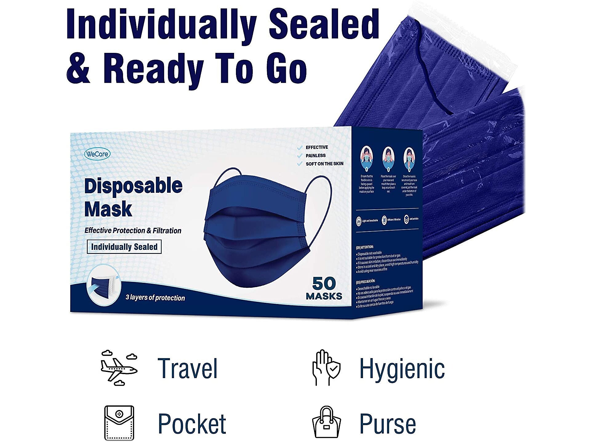 WeCare 3-ply Disposable Face Mask, Adult, Navy, 50/Box