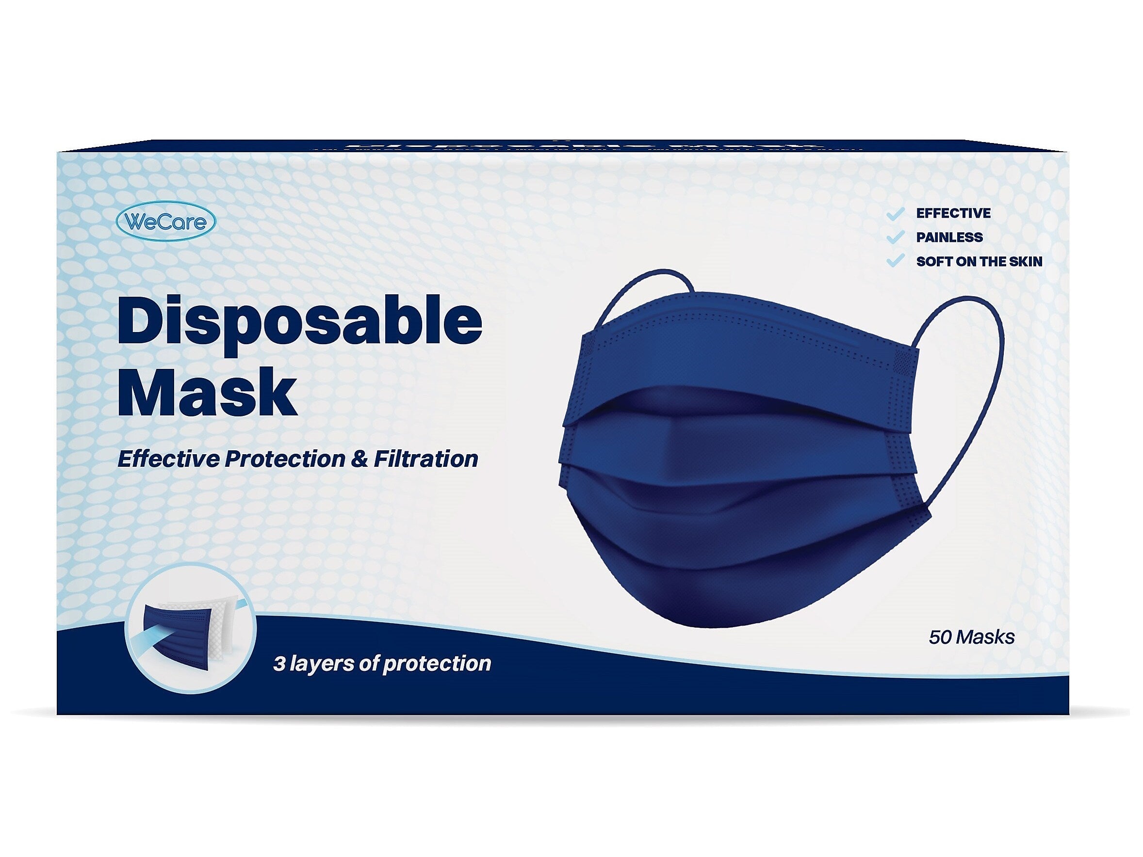 WeCare 3-ply Disposable Face Mask, Adult, Navy, 50/Box
