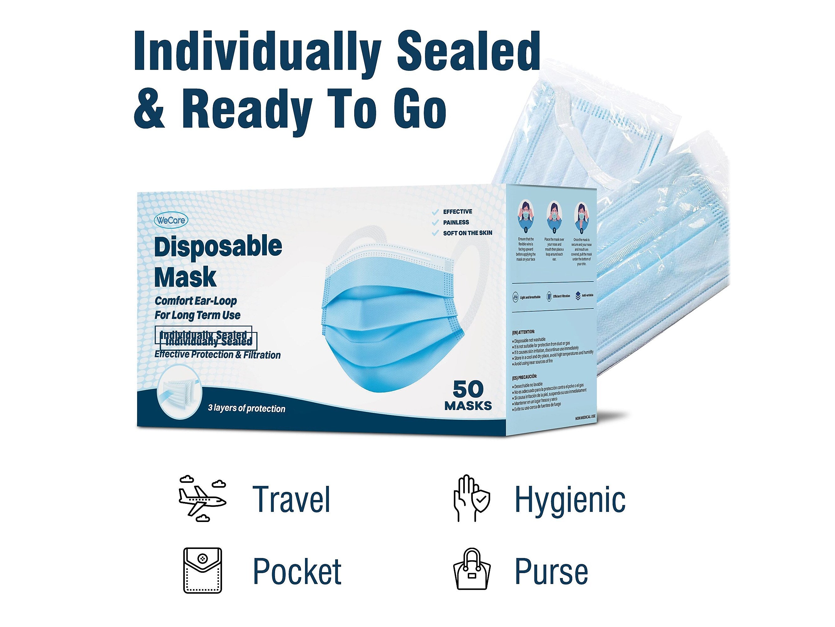 WeCare 3-ply Disposable Face Mask, Adult, Navy, 50/Box