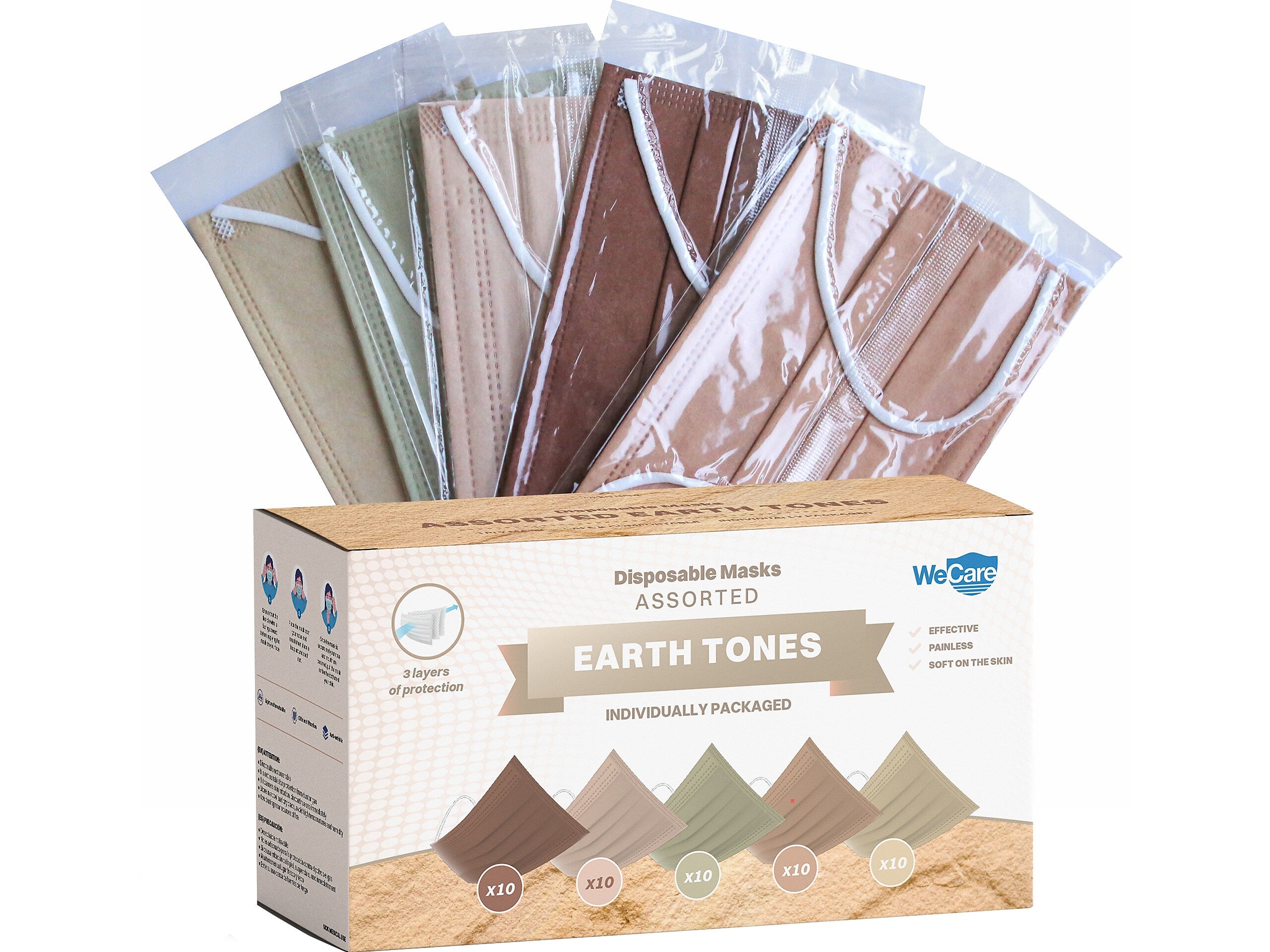WeCare 3-ply Disposable Face Masks, Adult, Assorted Earth Tones, 50/Box