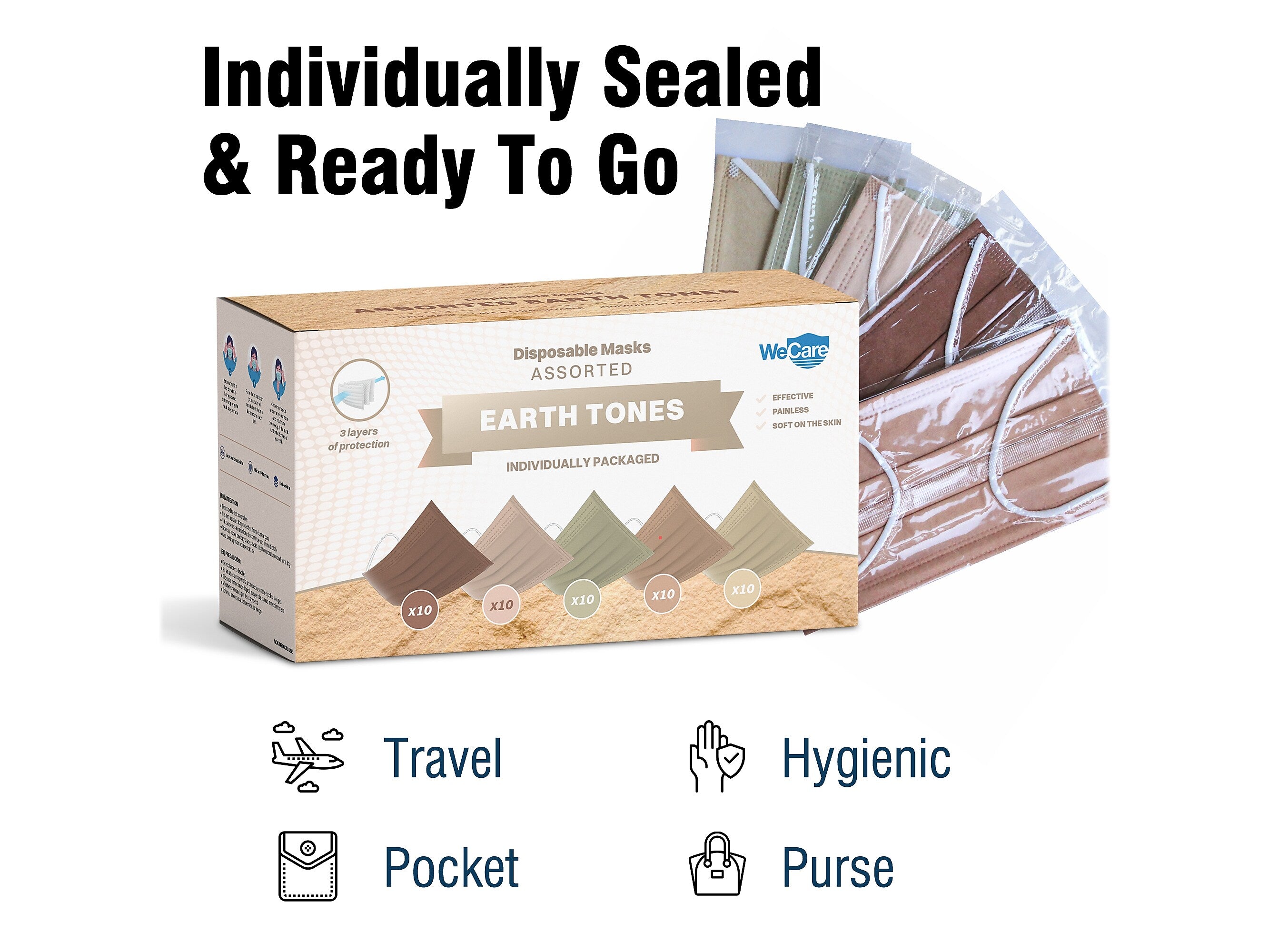 WeCare 3-ply Disposable Face Masks, Adult, Assorted Earth Tones, 50/Box