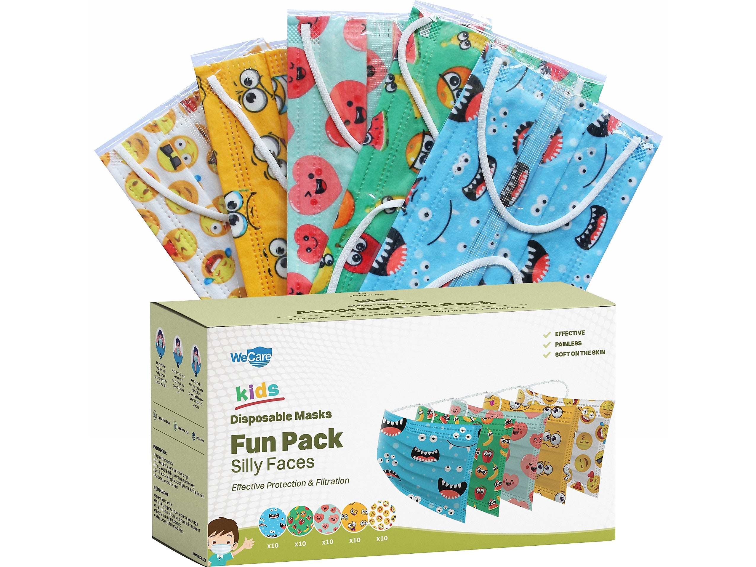 WeCare 3-ply Disposable Face Masks, Kids, Assorted Silly Face Designs, 50/Box