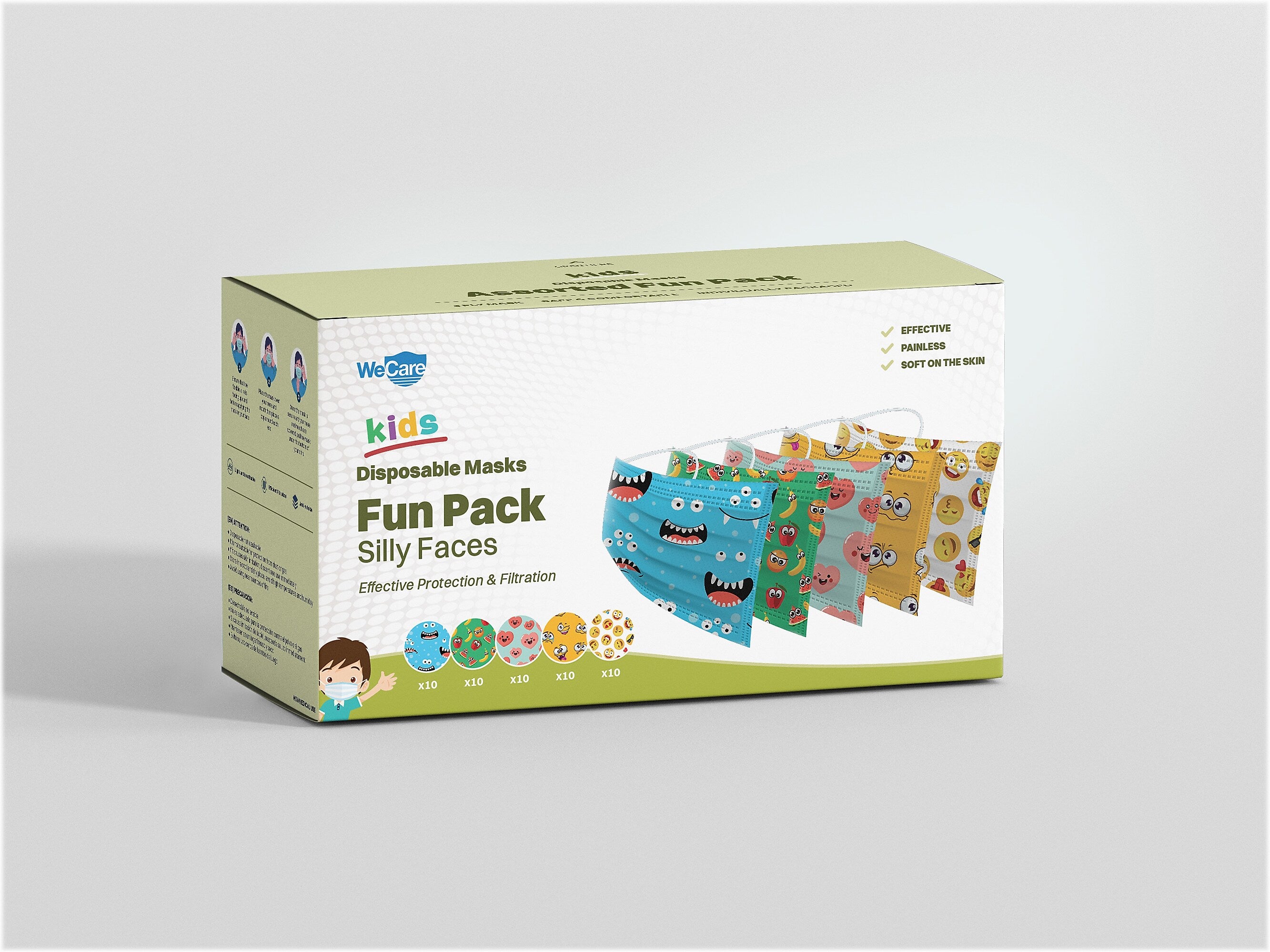 WeCare 3-ply Disposable Face Masks, Kids, Assorted Silly Face Designs, 50/Box