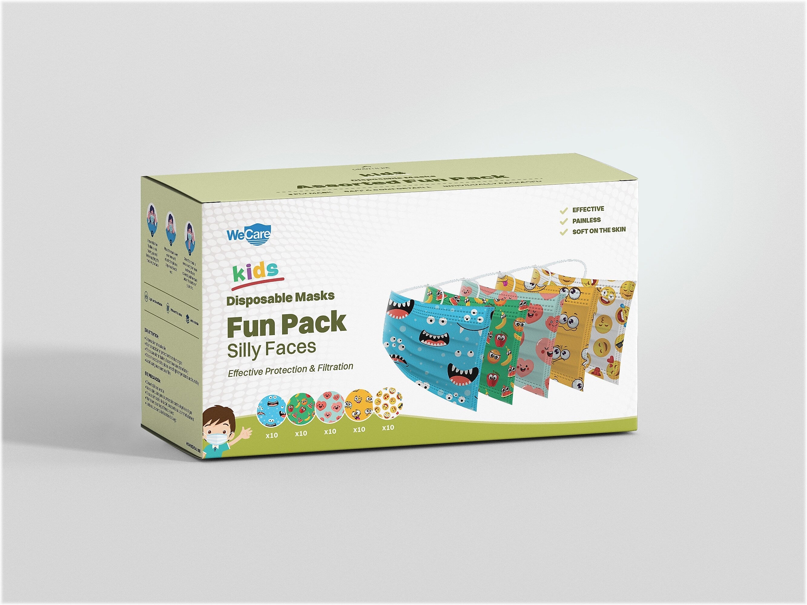 WeCare 3-ply Disposable Face Masks, Kids, Assorted Silly Face Designs, 50/Box