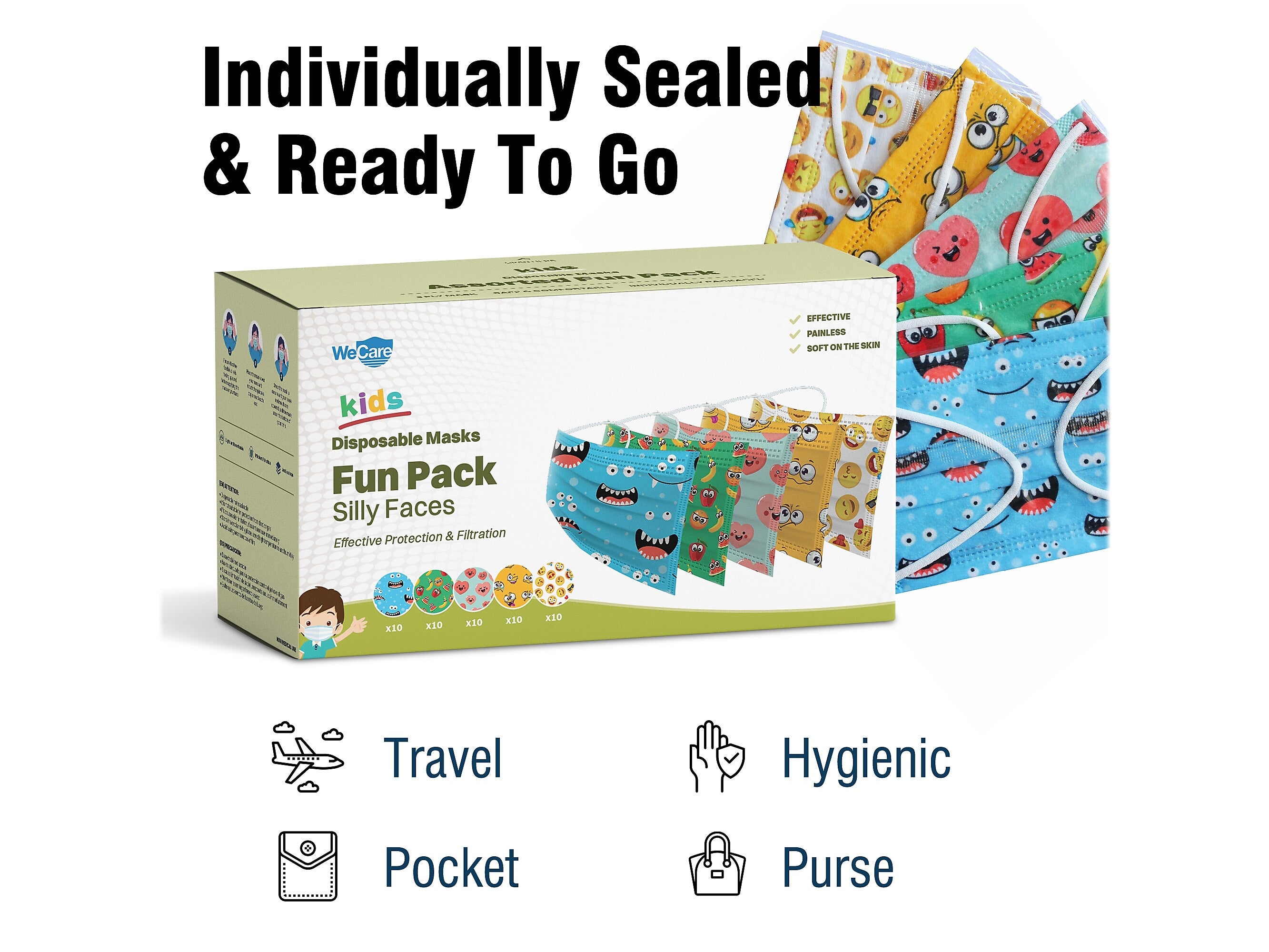 WeCare 3-ply Disposable Face Masks, Kids, Assorted Silly Face Designs, 50/Box