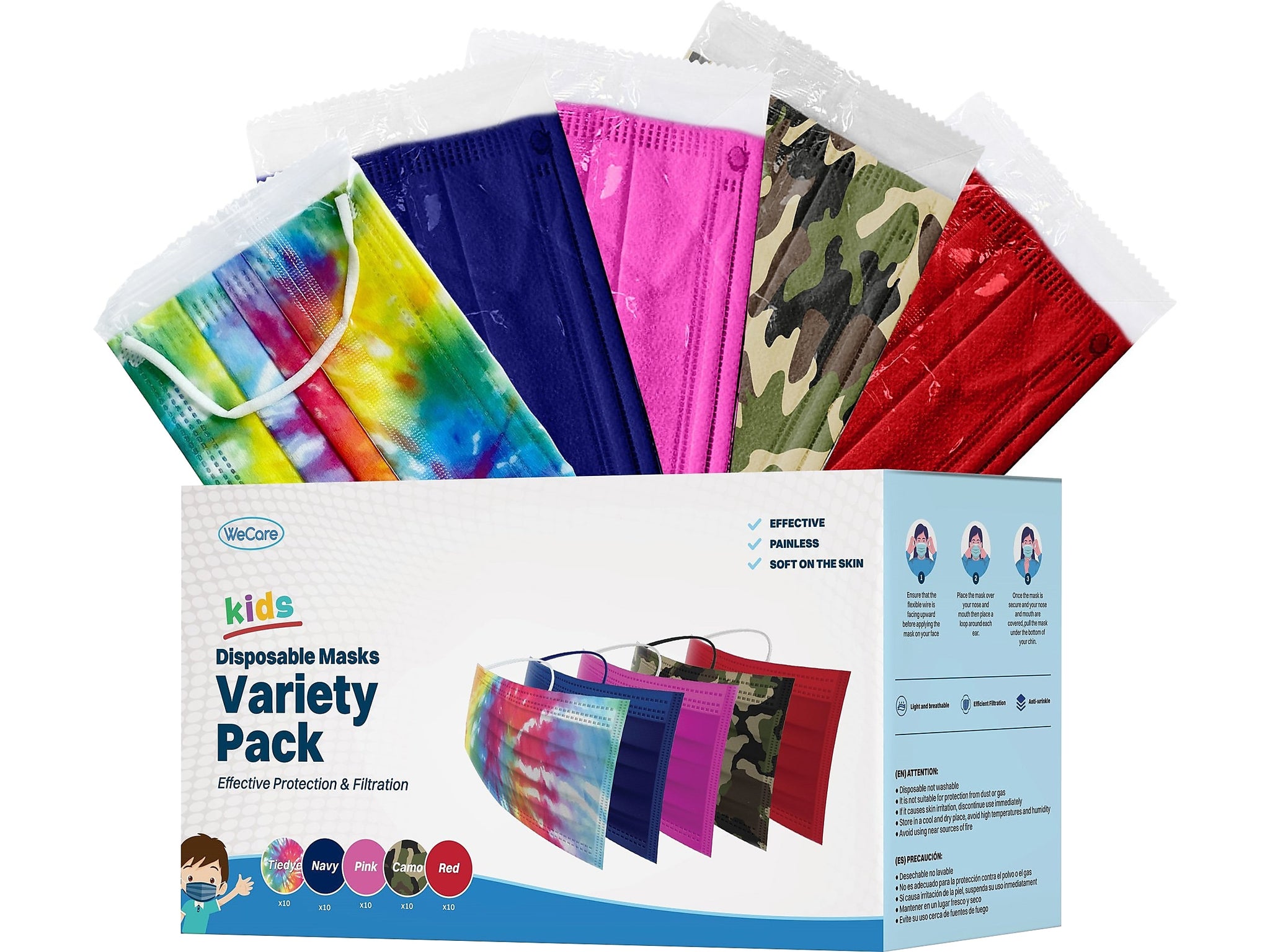 WeCare 3-ply Disposable Face Masks, Variety Pack, Kids, Assorted Colors, 50/Box