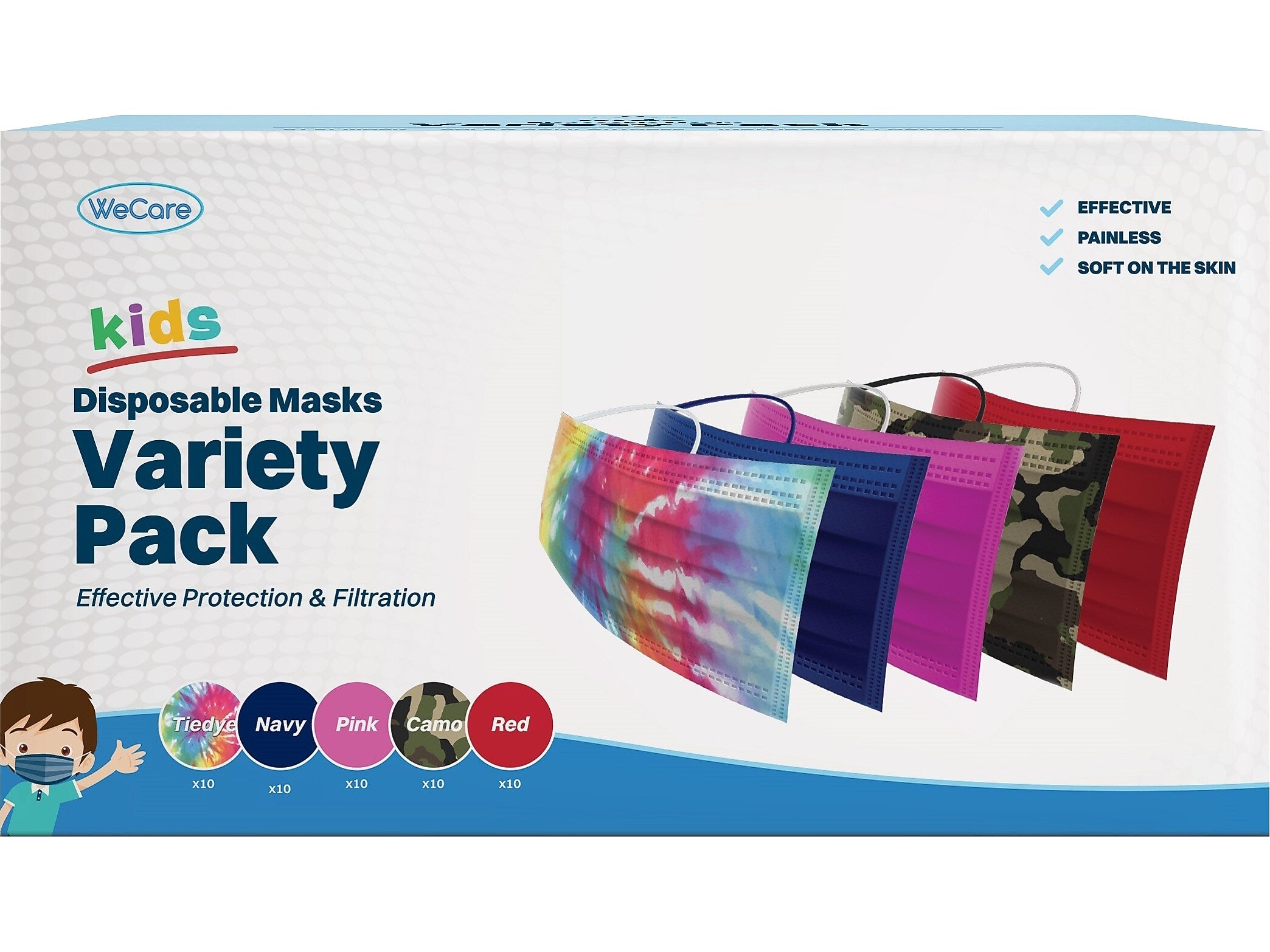 WeCare 3-ply Disposable Face Masks, Variety Pack, Kids, Assorted Colors, 50/Box