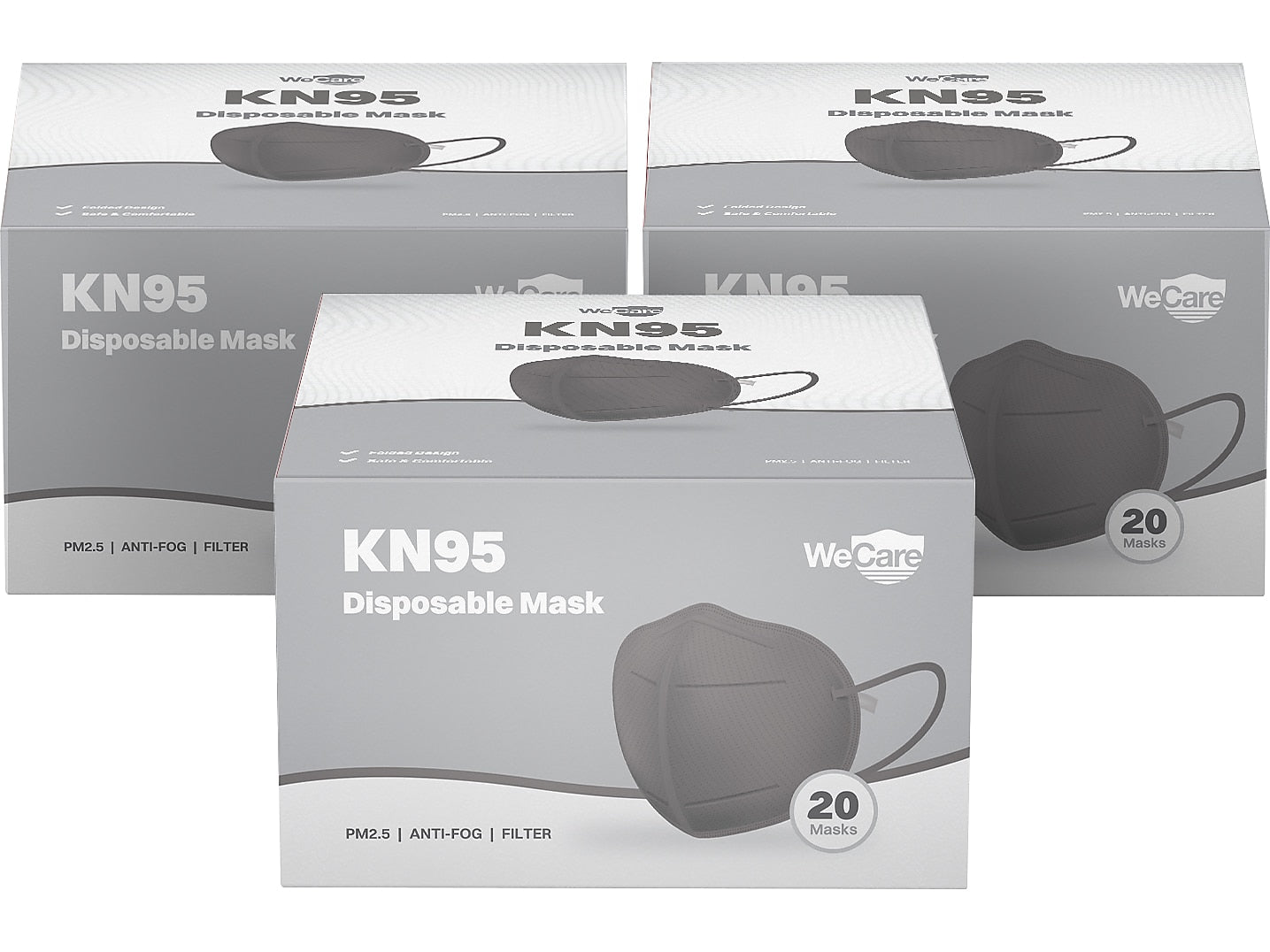 WeCare Disposable KN95 Face Mask, Adult, Dark Gray, 20 Masks/Box, 3 Boxes/Pack