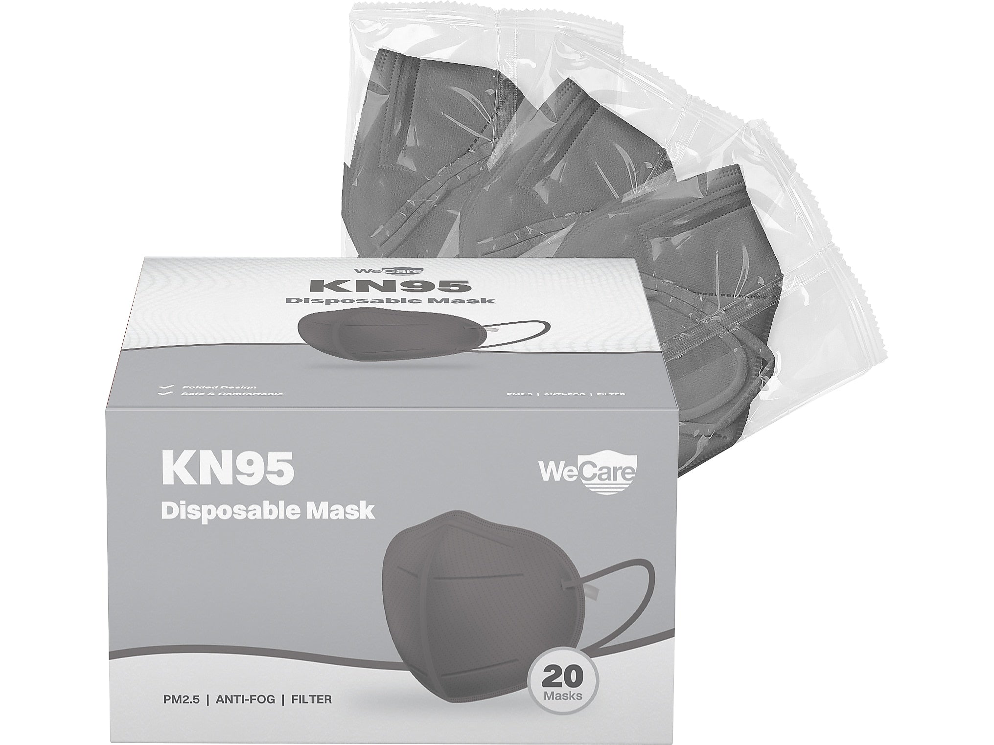 WeCare Disposable KN95 Face Mask, Adult, Dark Gray, 20/Pack