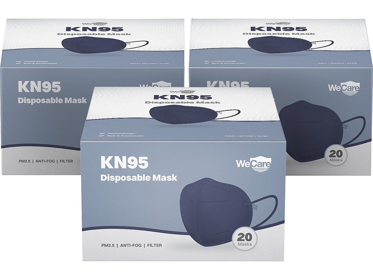 WeCare Disposable KN95 Face Mask, Adult, Navy, 20 Masks/Box, 3 Boxes/Pack