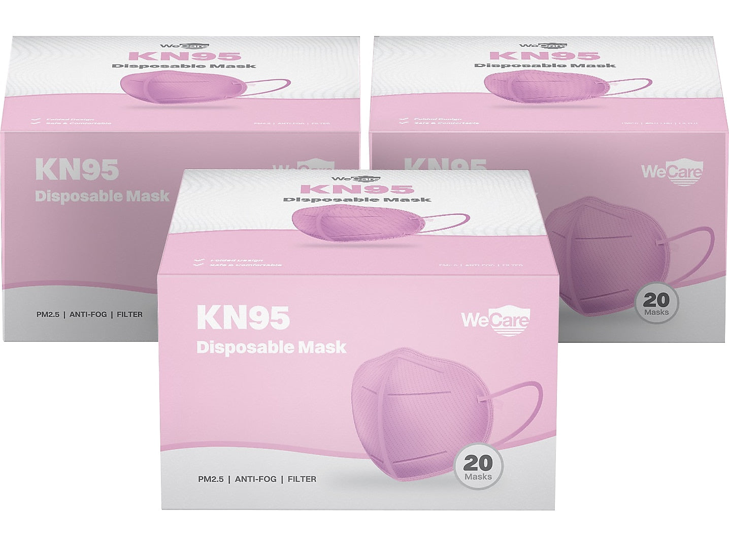 WeCare Disposable KN95 Face Mask, Adult, Pink, 20 Masks/Box, 3 Boxes/Pack