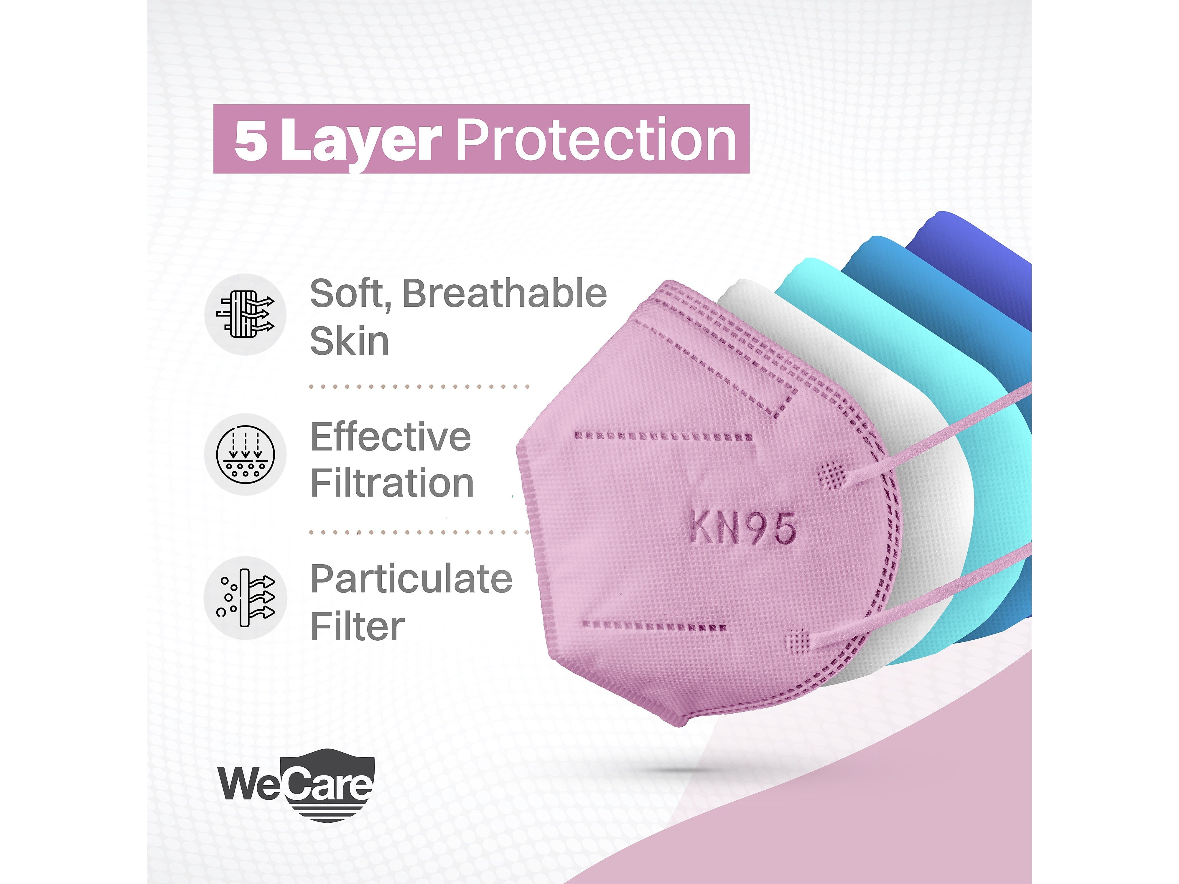 WeCare Disposable KN95 Face Mask, Adult, Pink, 20 Masks/Box, 3 Boxes/Pack