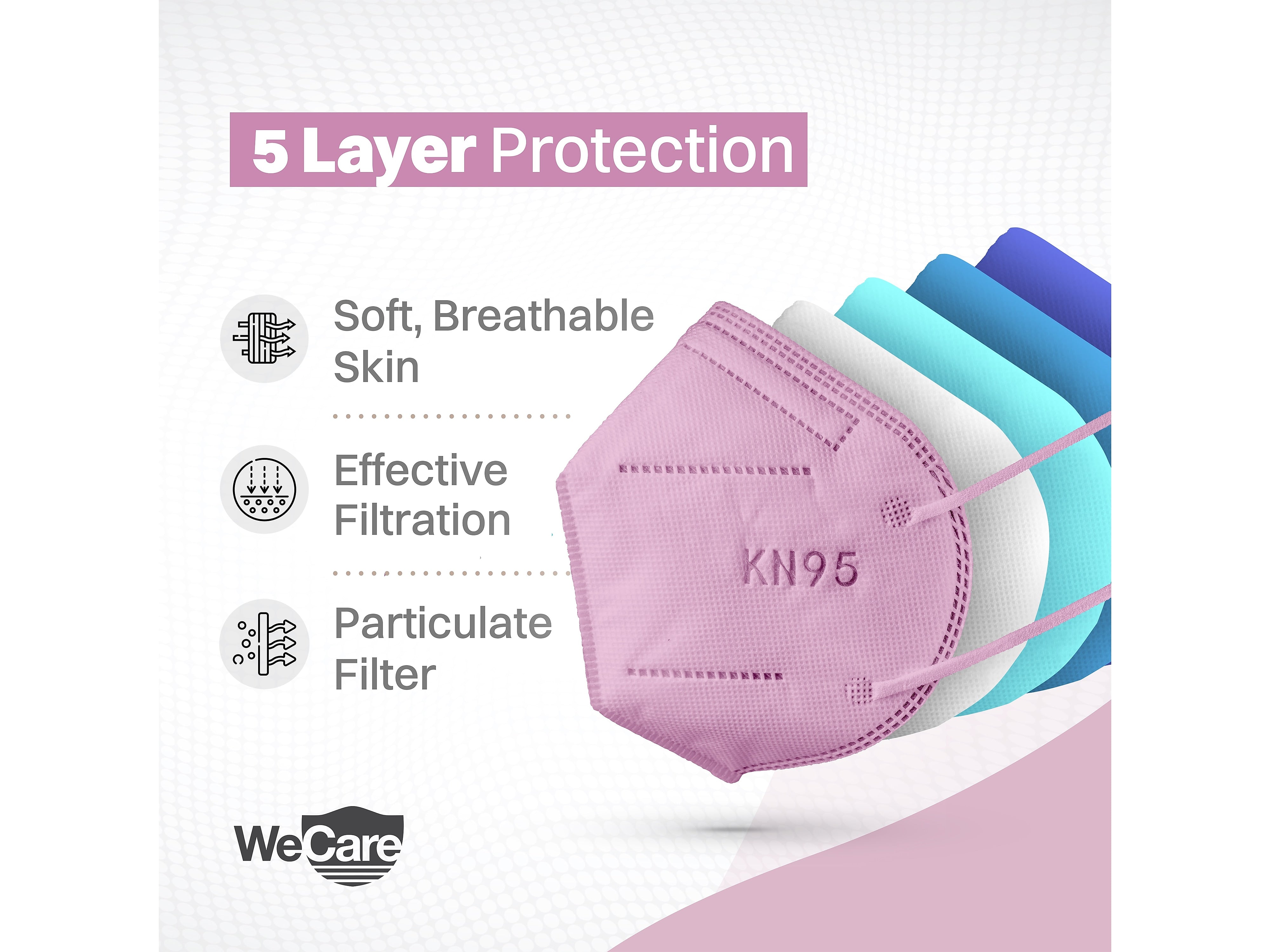 WeCare Disposable KN95 Face Mask, Adult, Pink, 20 Masks/Box, 3 Boxes/Pack
