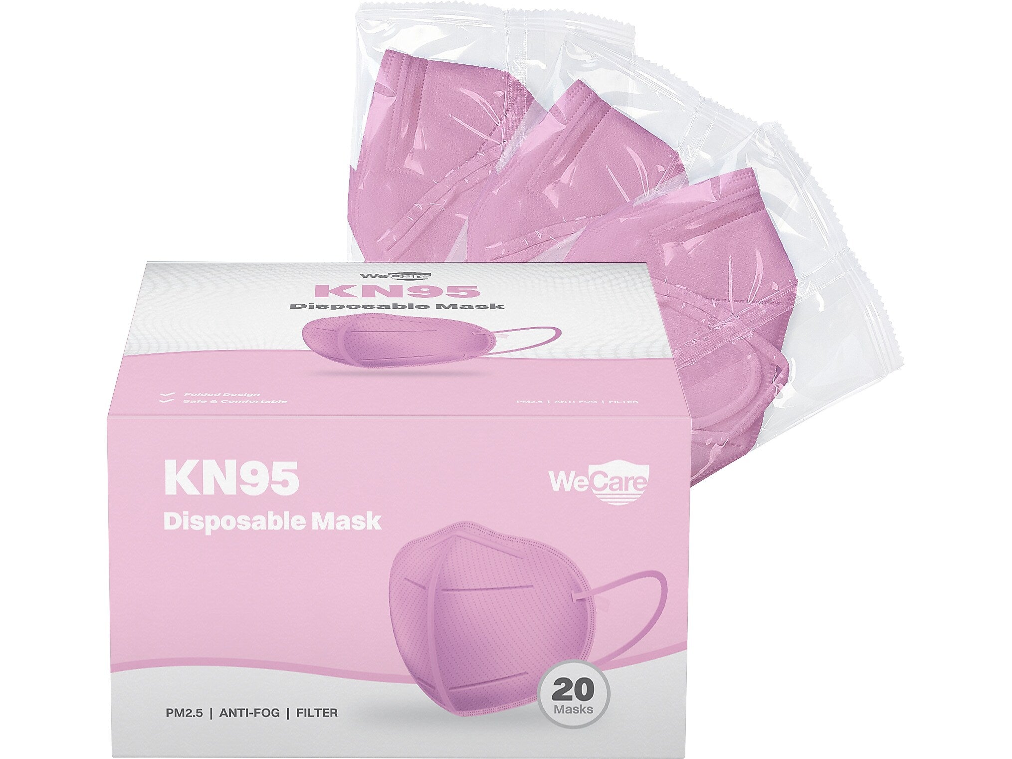 WeCare Disposable KN95 Face Mask, Adult, Pink, 20/Pack