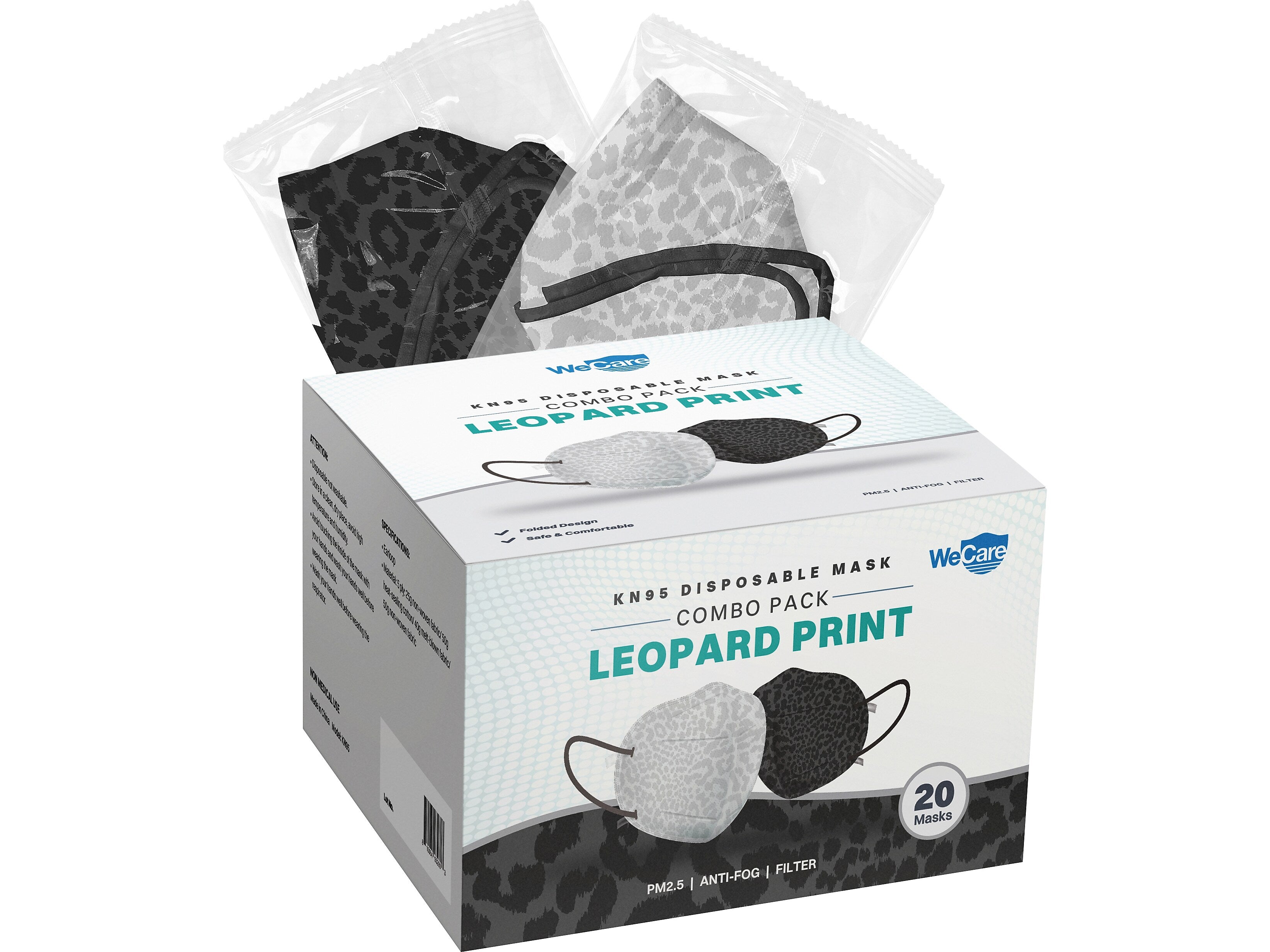 WeCare Leopard Print Disposable KN95 Fabric Face Masks, One Size, Assorted Colors, 20/Pack, 50 Packs/Carton