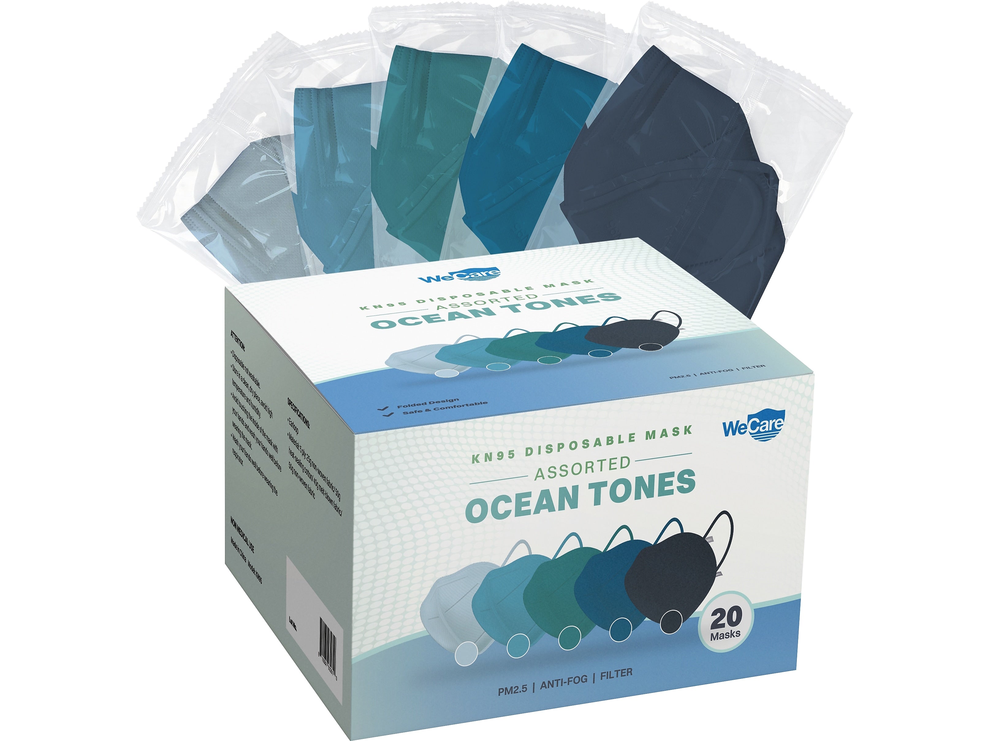 WeCare Ocean Tones Disposable KN95 Fabric Face Masks, One Size, Assorted Colors, 20/Pack