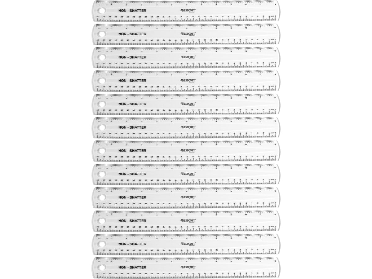 Westcott 12" Plastic Standard Ruler, Clear, 12/Box