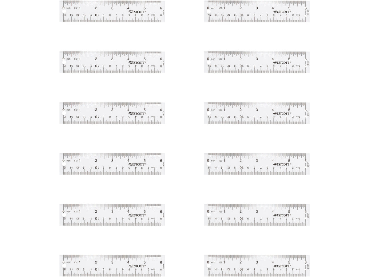 Westcott 6" Plastic Standard Ruler, Clear, 12/Box