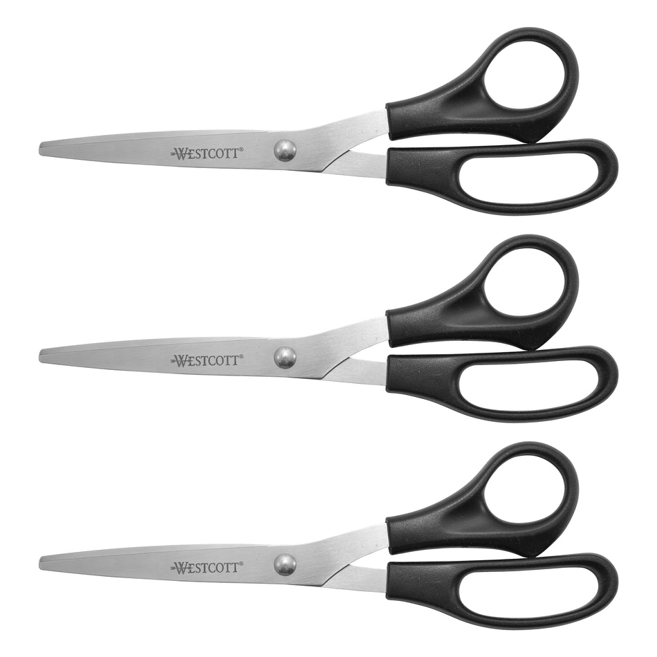 Westcott All Purpose 8" Stainless Steel Standard Scissors, Pointed Tip, Black, 3/Pack