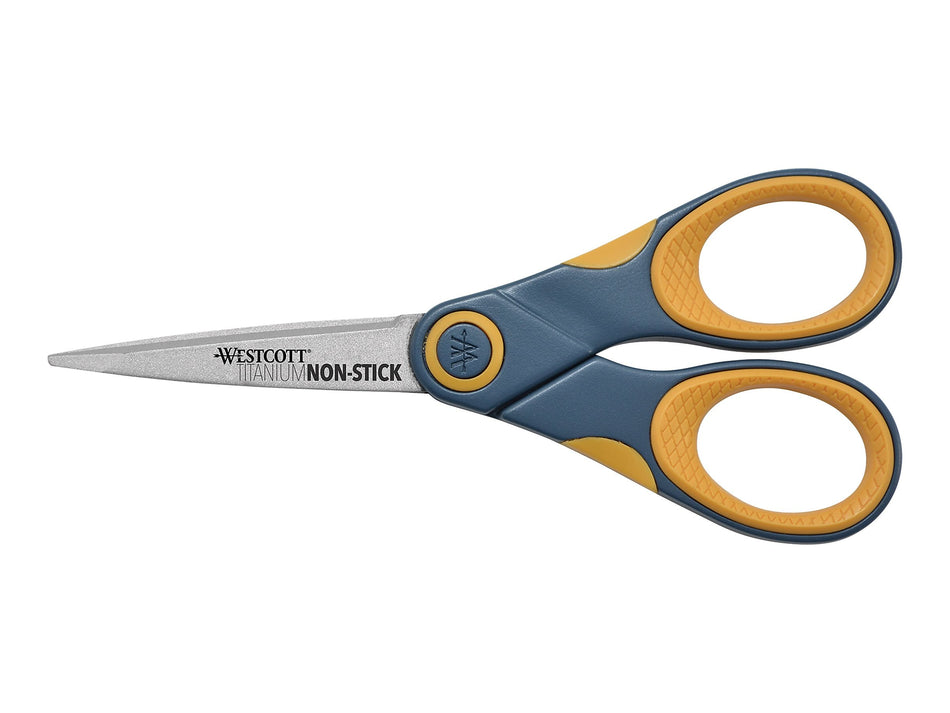 Westcott Titanium Bonded 5" Non-Stick Titanium Multi-Purpose/Heavy Duty Scissor, Pointed Tip, Gray/Yellow