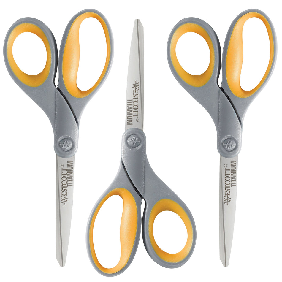 Westcott Titanium Bonded 8" Titanium Multi-Purpose/Heavy Duty Scissor, Pointed Tip, Gray/Yellow, 3/Pack