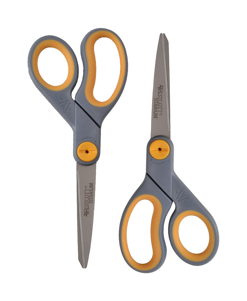 Westcott Titanium Bonded 8" Titanium Multi-Purpose/Heavy Duty Scissor, Sharp Tip, Gray/Yellow, 2/Pack