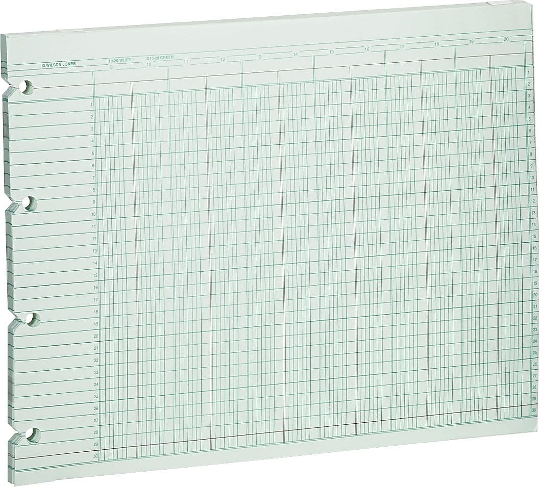 Wilson Jones Columnar Sheets, Ledger Paper, Ruled, 30 Lines, 20 Columns, Green Paper, 9 1/4" x 11 7/8", 100/Pk