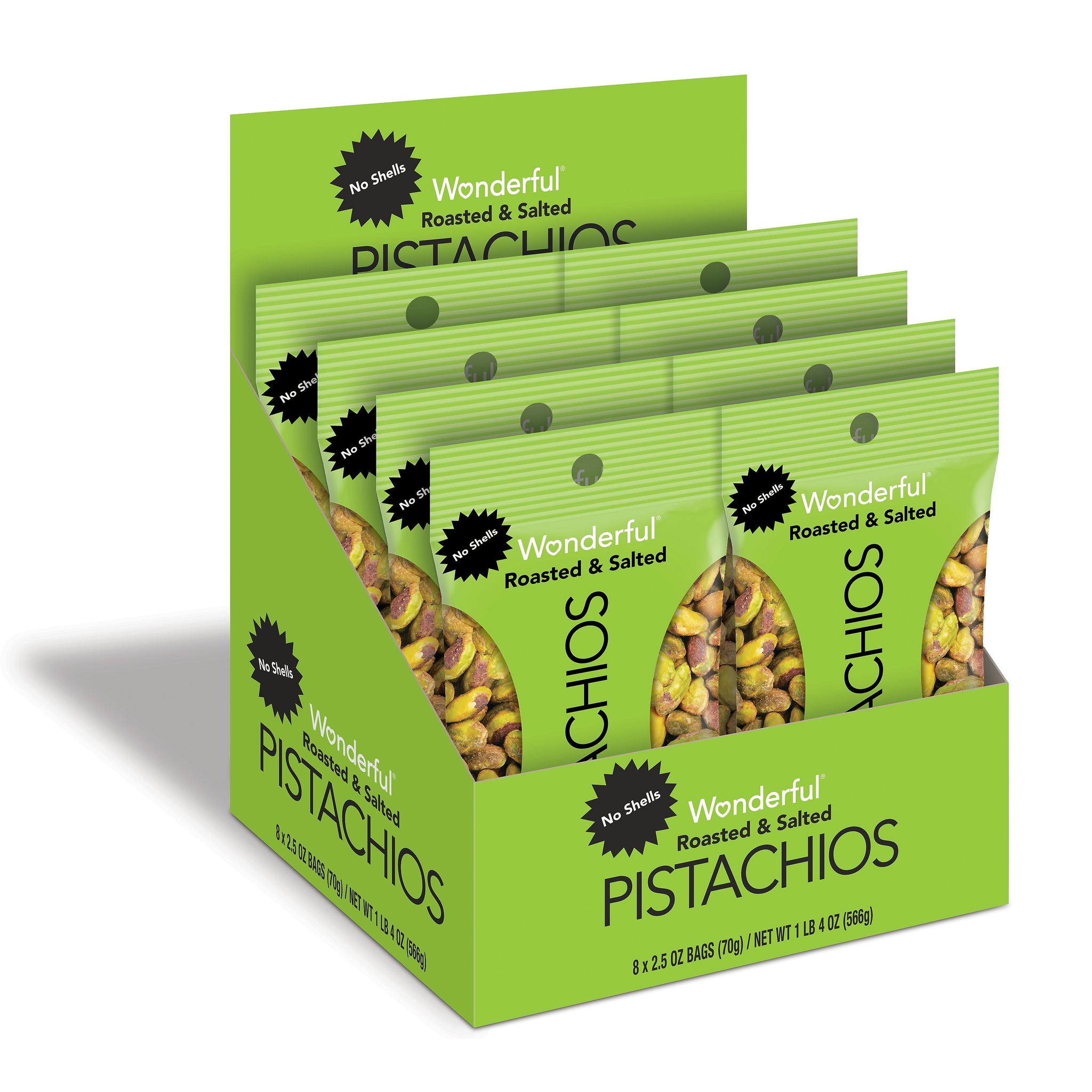 Wonderful Pistachios Roasted & Salted, No Shells, 2.5 oz., 8 Bags/Box