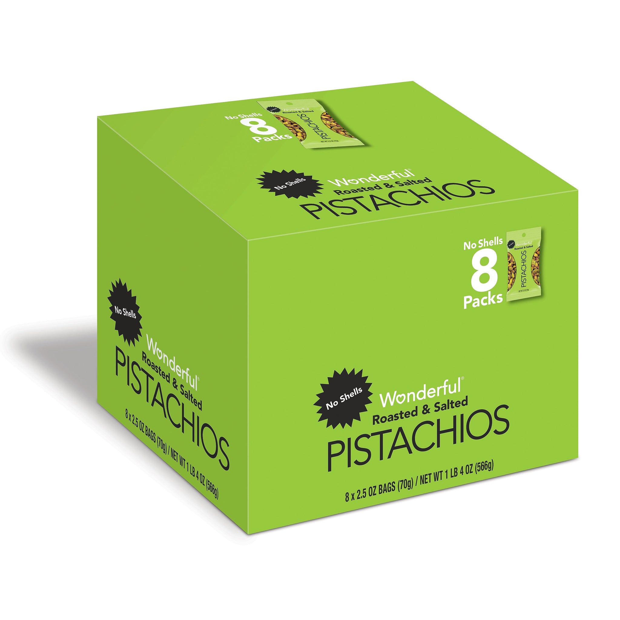 Wonderful Pistachios Roasted & Salted, No Shells, 2.5 oz., 8 Bags/Box