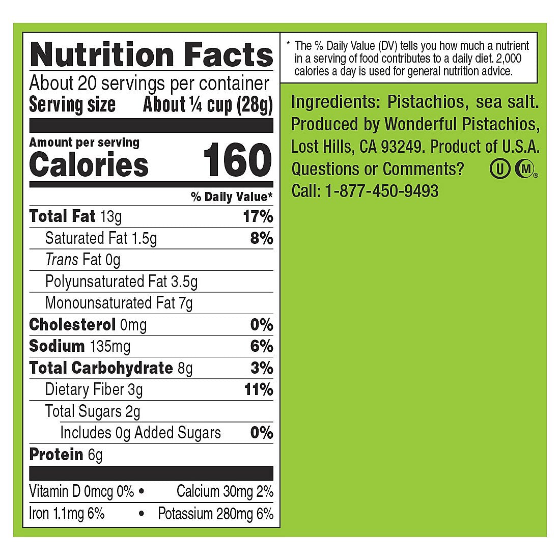 Wonderful Pistachios Roasted & Salted, No Shells, 2.5 oz., 8 Bags/Box