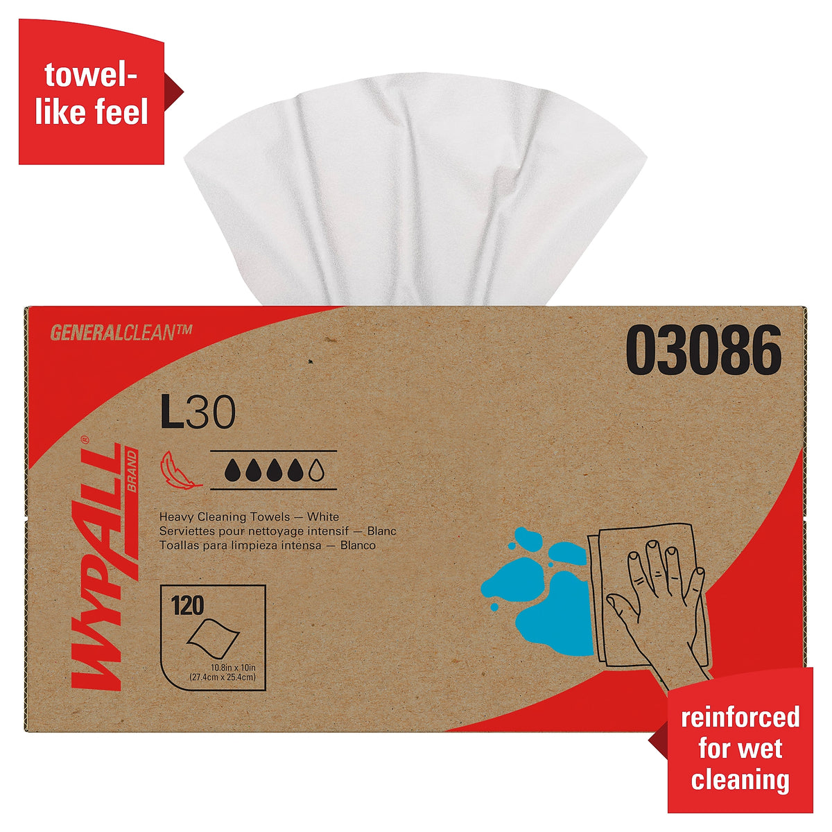 WypAll GeneralClean L30 Cleaning Cloths, 10" x 10.8", White, 12 Sheets/Box, 10 Boxes/Carton