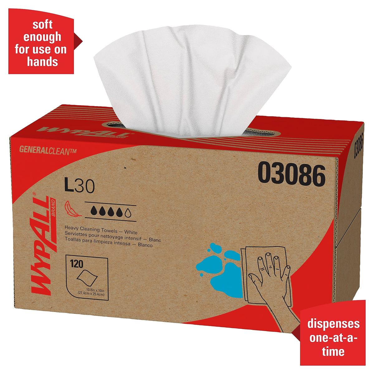 WypAll GeneralClean L30 Cleaning Cloths, 10" x 10.8", White, 12 Sheets/Box, 10 Boxes/Carton