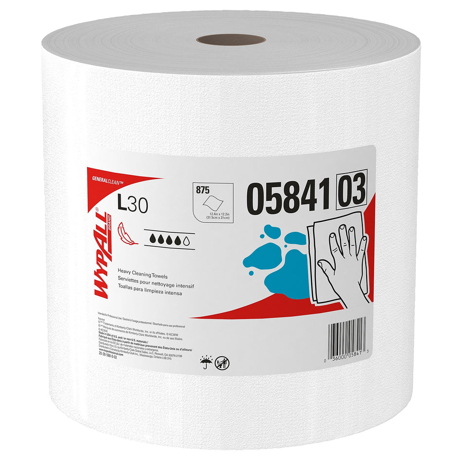 WypAll GeneralClean L30 Fabric Cleaning Wipers, 13.3" x 12.4", White, 875 Sheets/Roll, 875 Wipers/Box