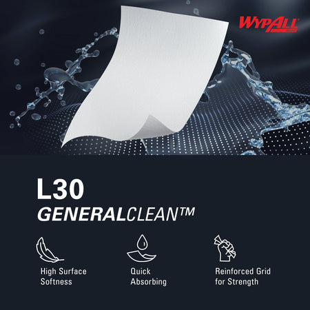 WypAll GeneralClean L30 Fabric Cleaning Wipers, 13.3" x 12.4", White, 875 Sheets/Roll, 875 Wipers/Box