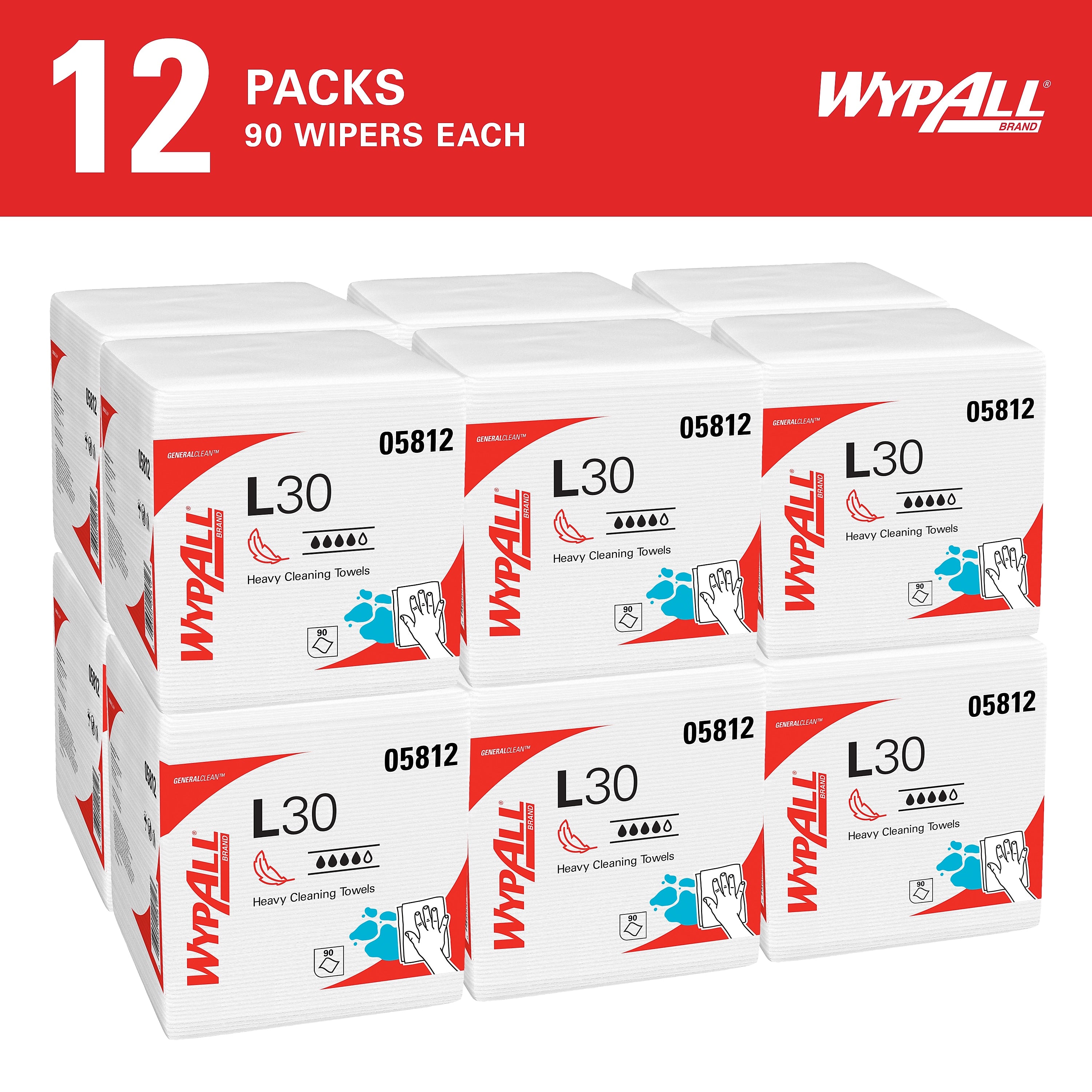 WypAll GeneralClean L30 Heavy Duty Cleaning Towels, White, 90 Sheets/Box, 12 Boxes/Carton