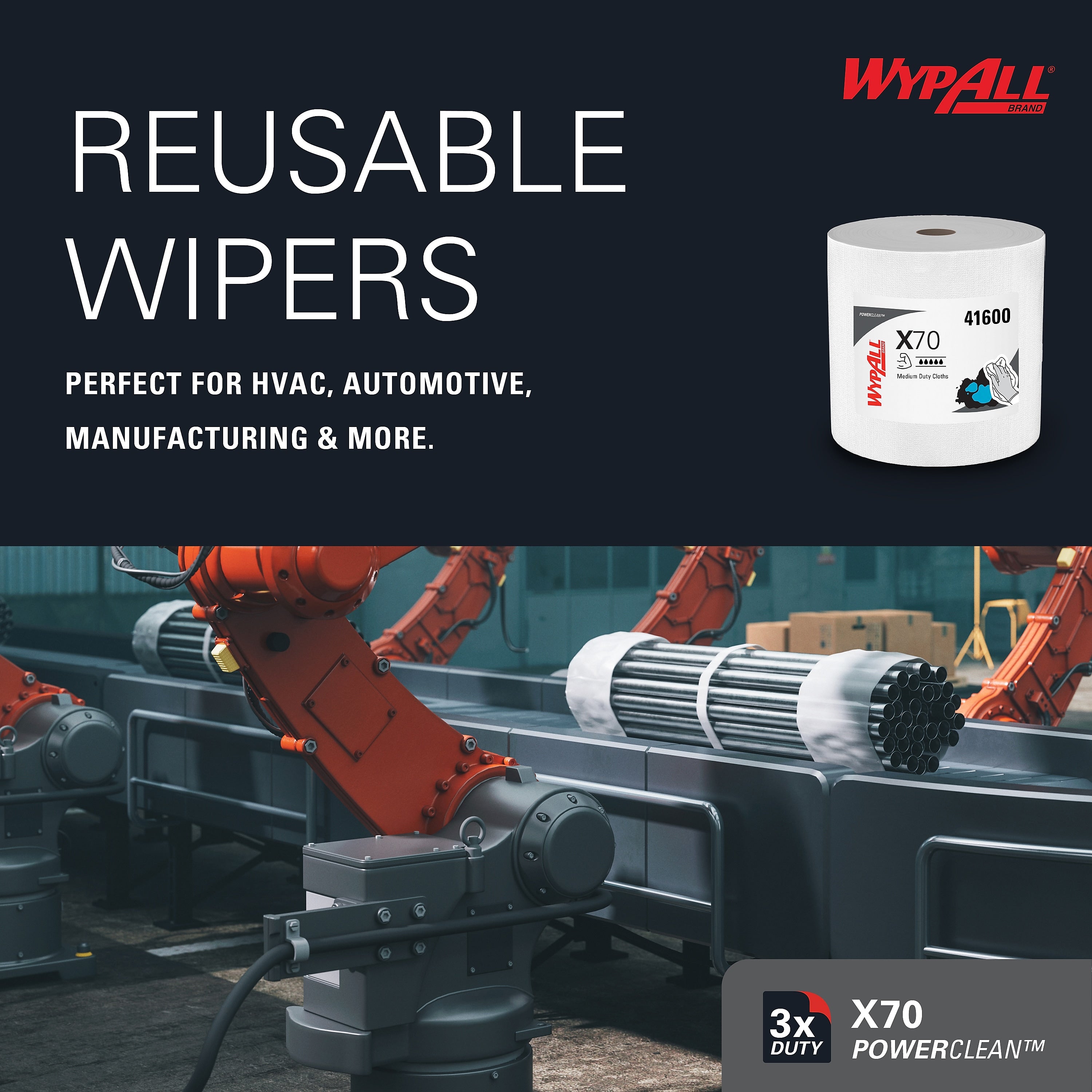 WypAll PowerClean X70 Fabric Cleaning Wipers, 13.3
