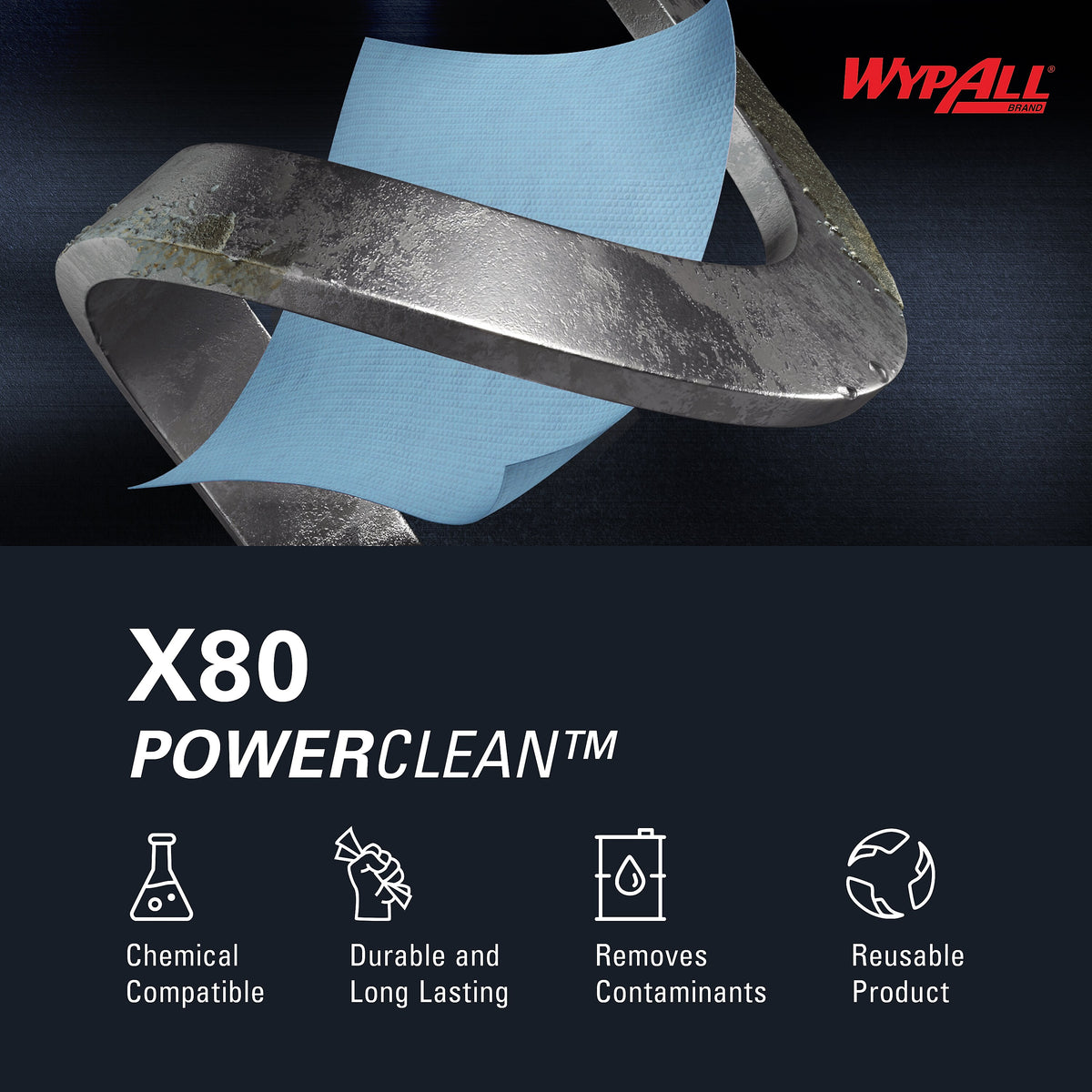 WypAll PowerClean X80 Fabric Cleaning Wipers, 13.4" x 12.5", Blue, 475 Sheets/Roll