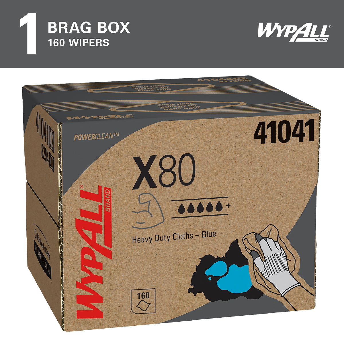 WypAll PowerClean X80 Fabric Cleaning Wipers, 16.8" x 12.5", Blue, 160 Wipers/Box, 160/Carton