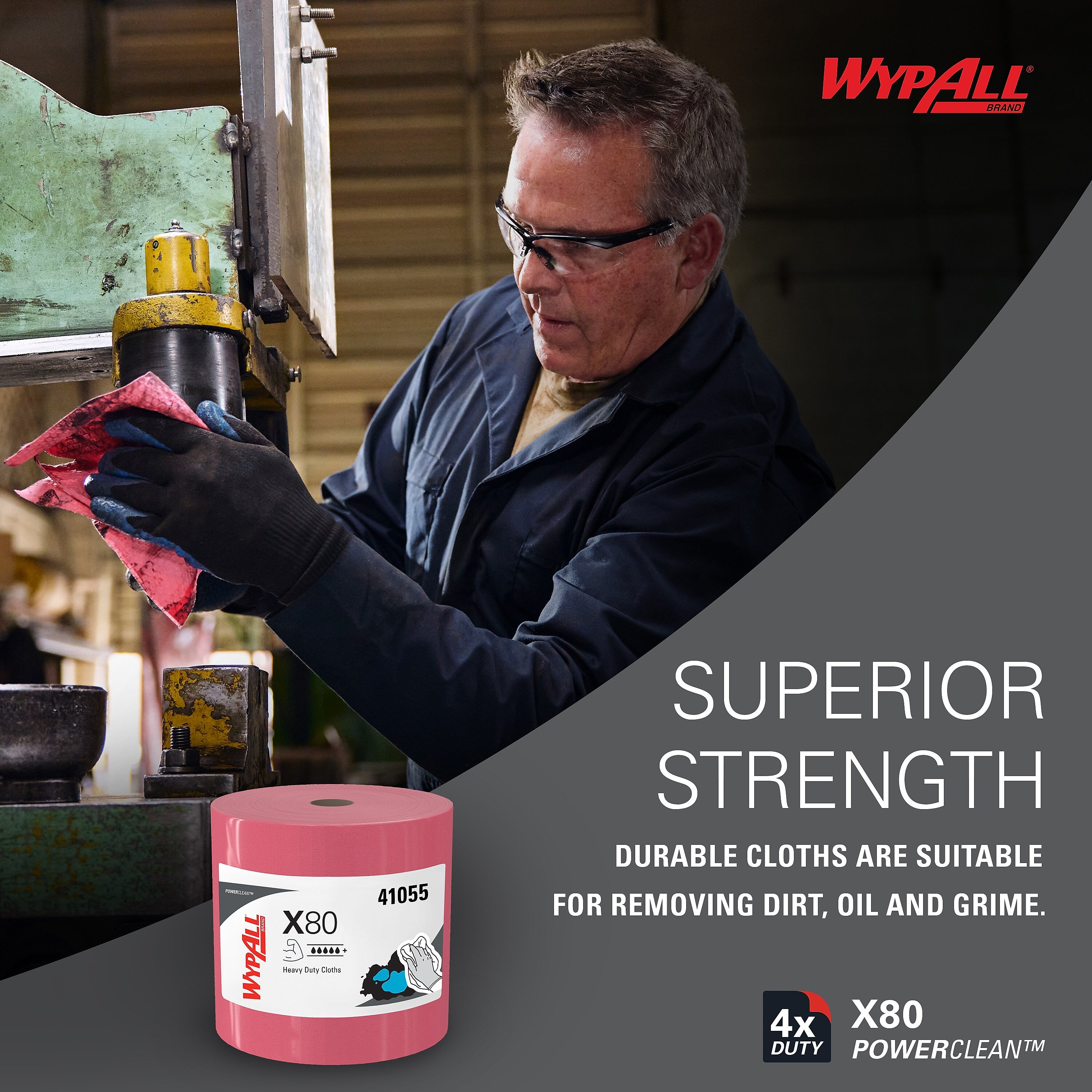 WypAll PowerClean X80 Heavy Duty Wipers, Red, 475 Sheets/Roll