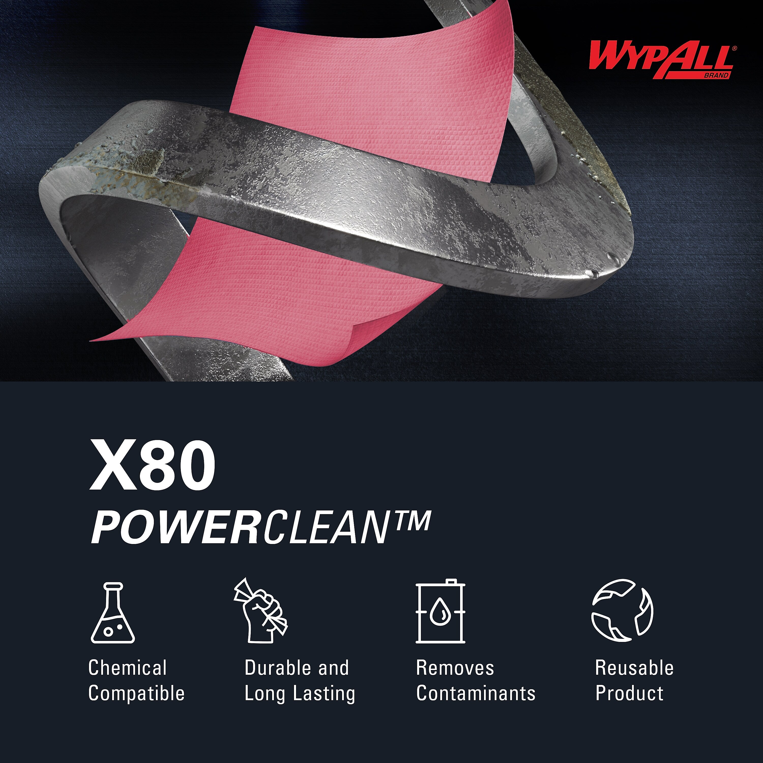 WypAll PowerClean X80 Heavy Duty Wipers, Red, 475 Sheets/Roll